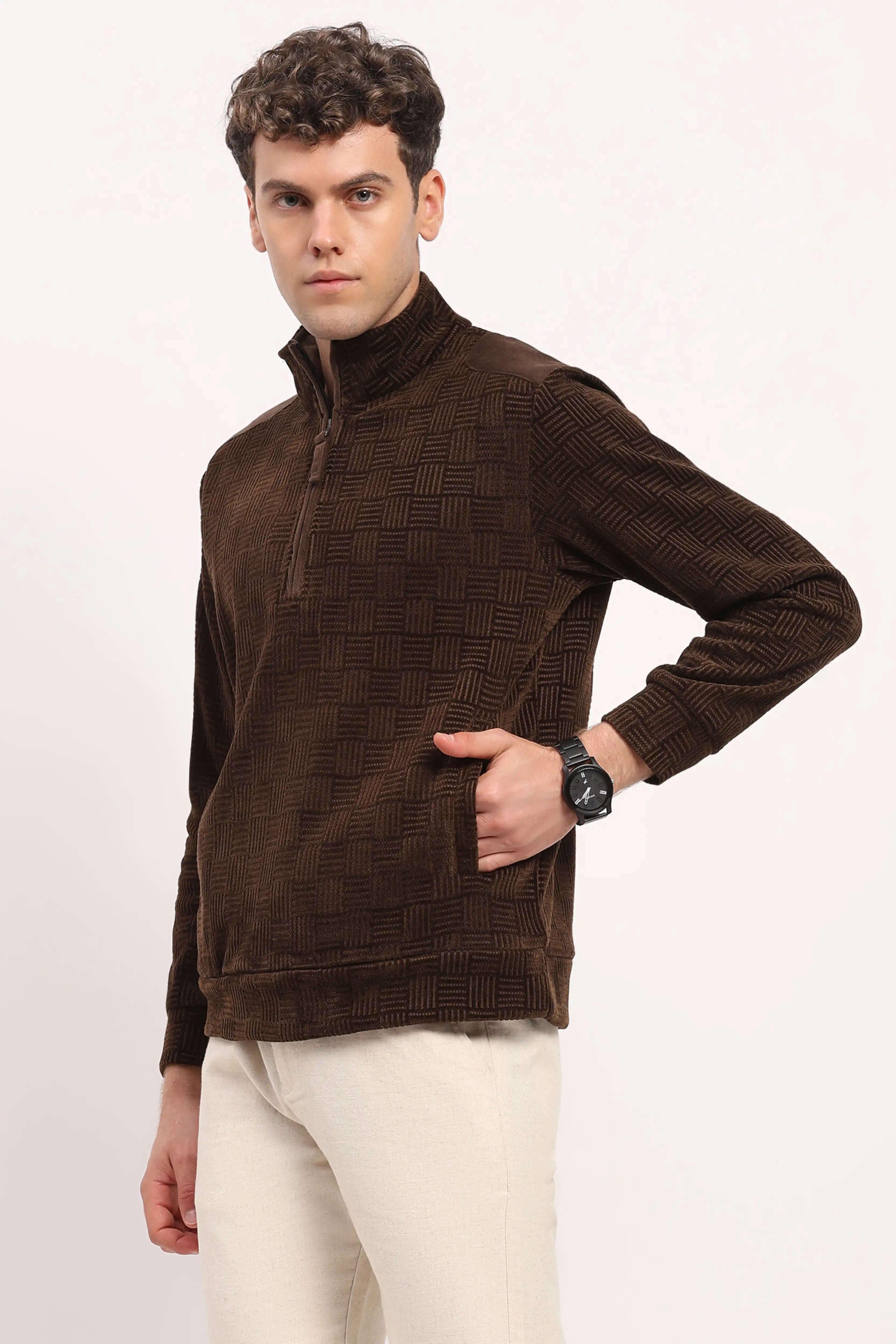 Textured Brown Half-Zip Sweatshirt