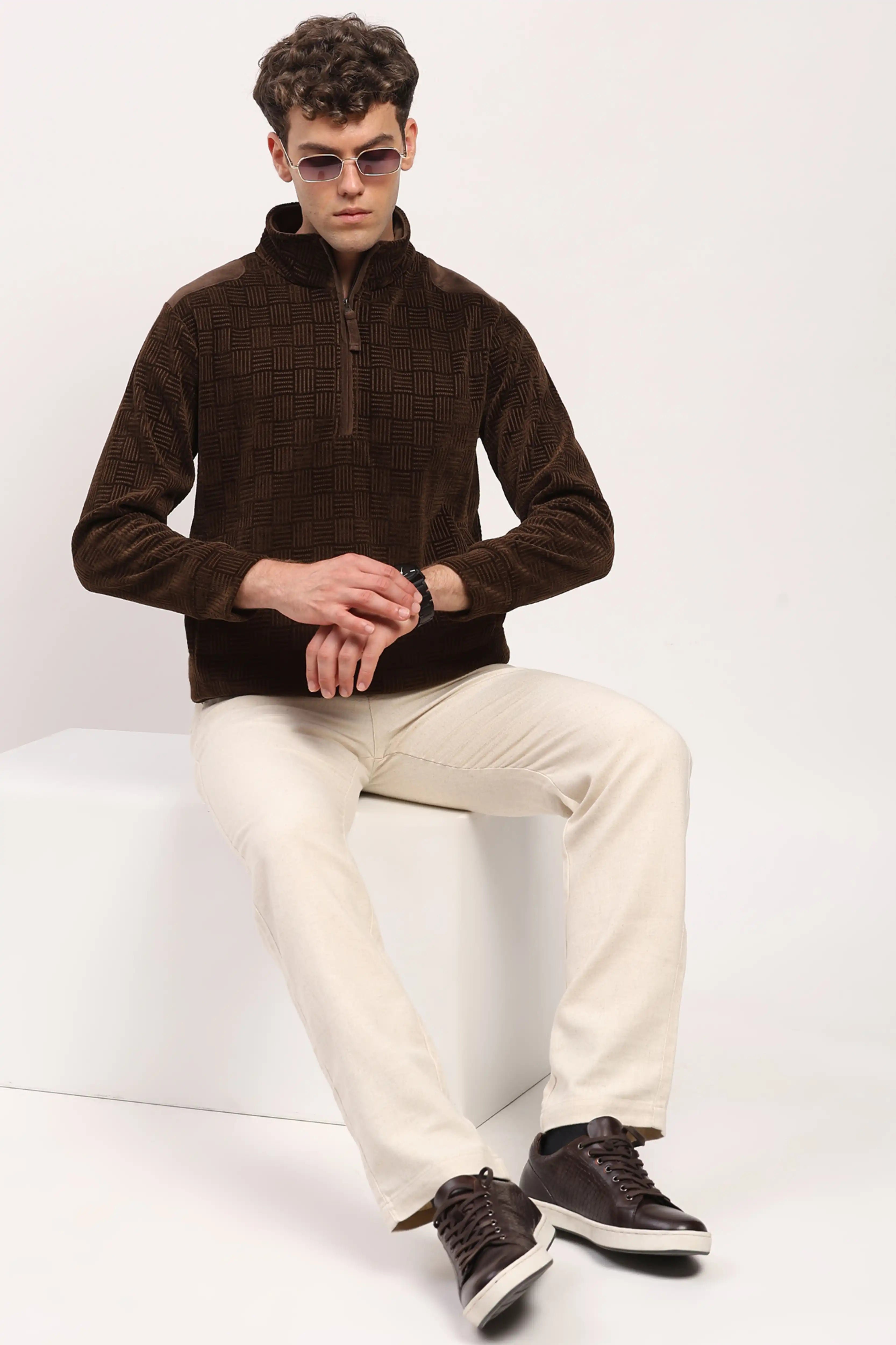 Textured Brown Half-Zip Sweatshirt