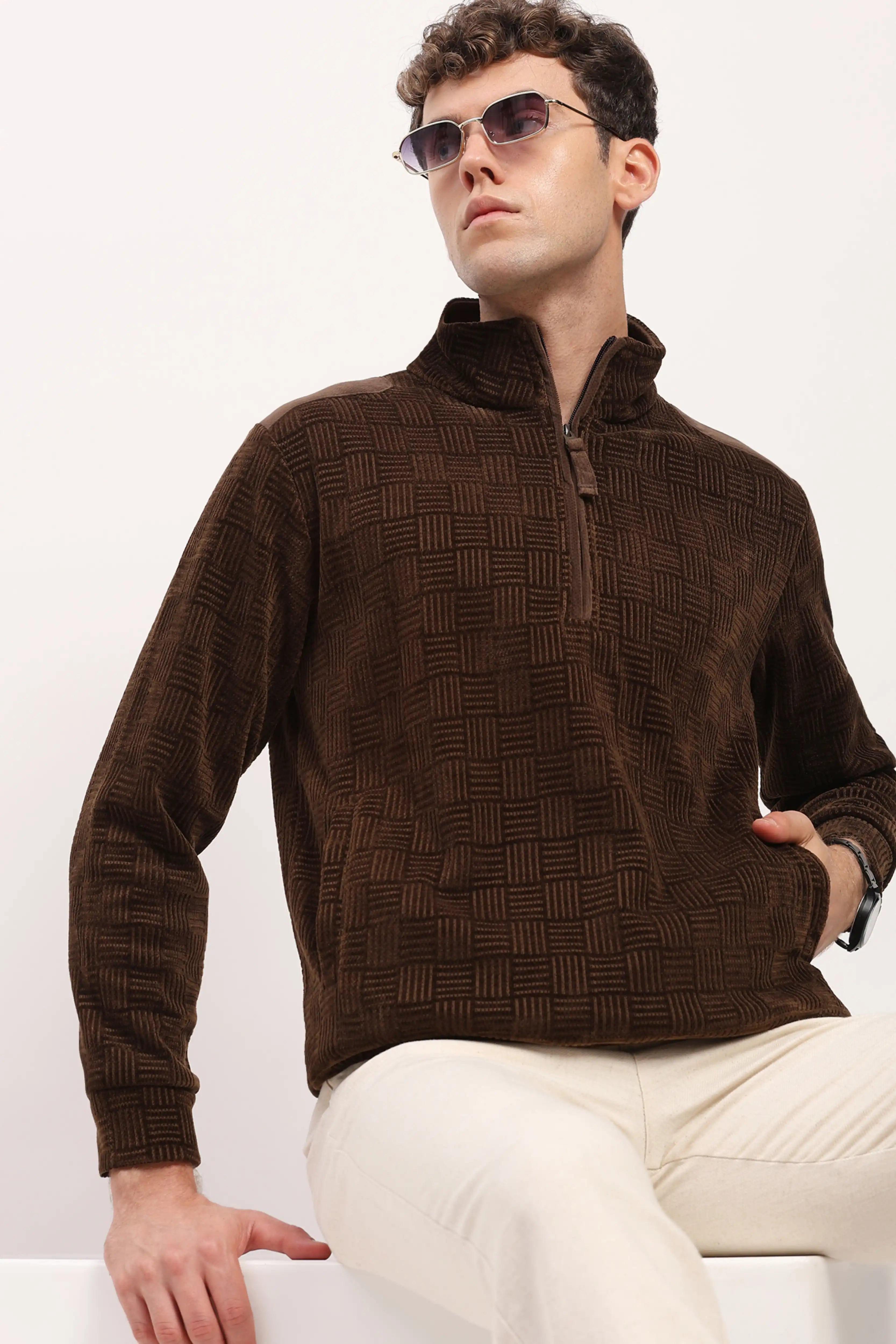 Textured Brown Half-Zip Sweatshirt