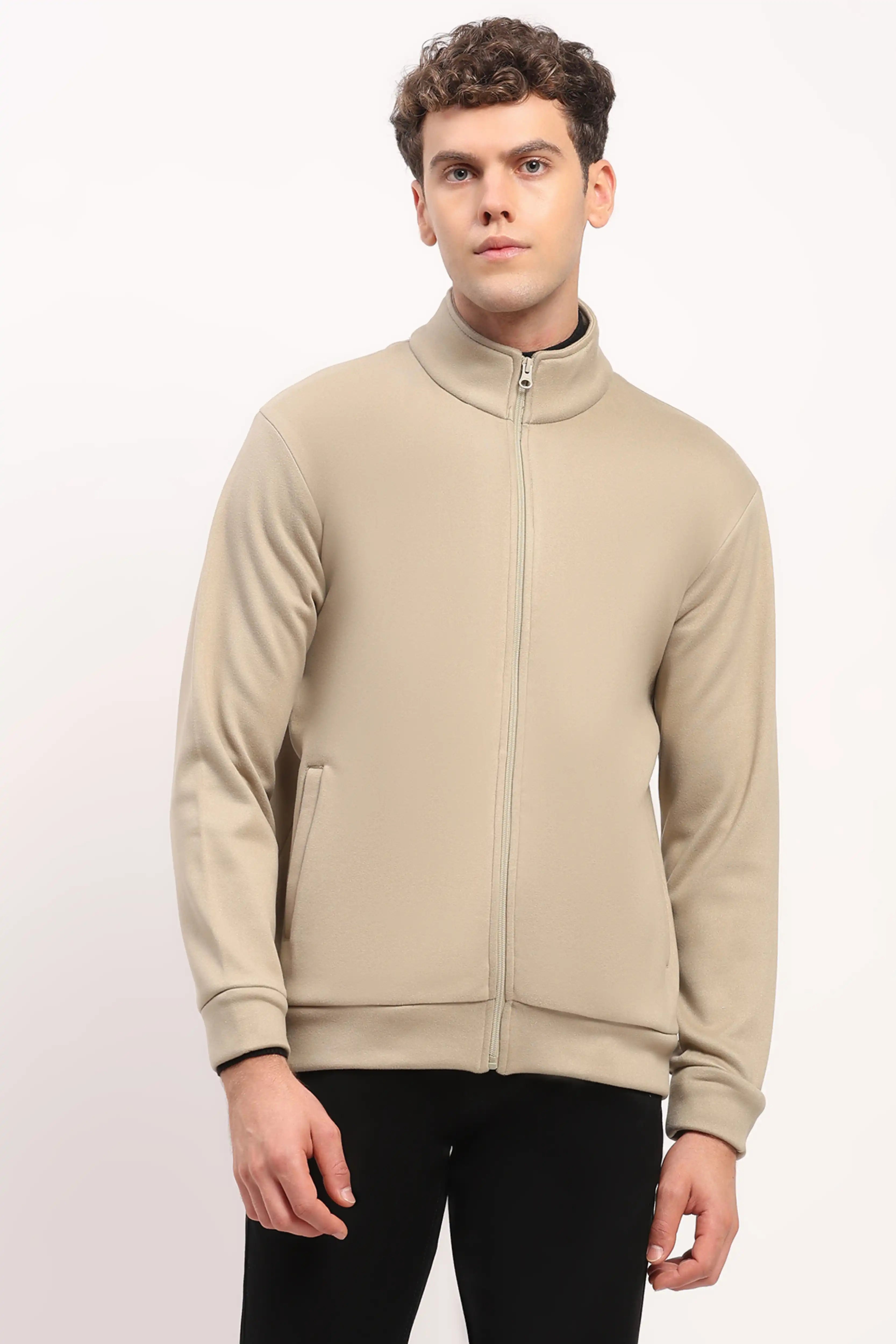 Velvet-Lined Beige Zip Sweatshirt