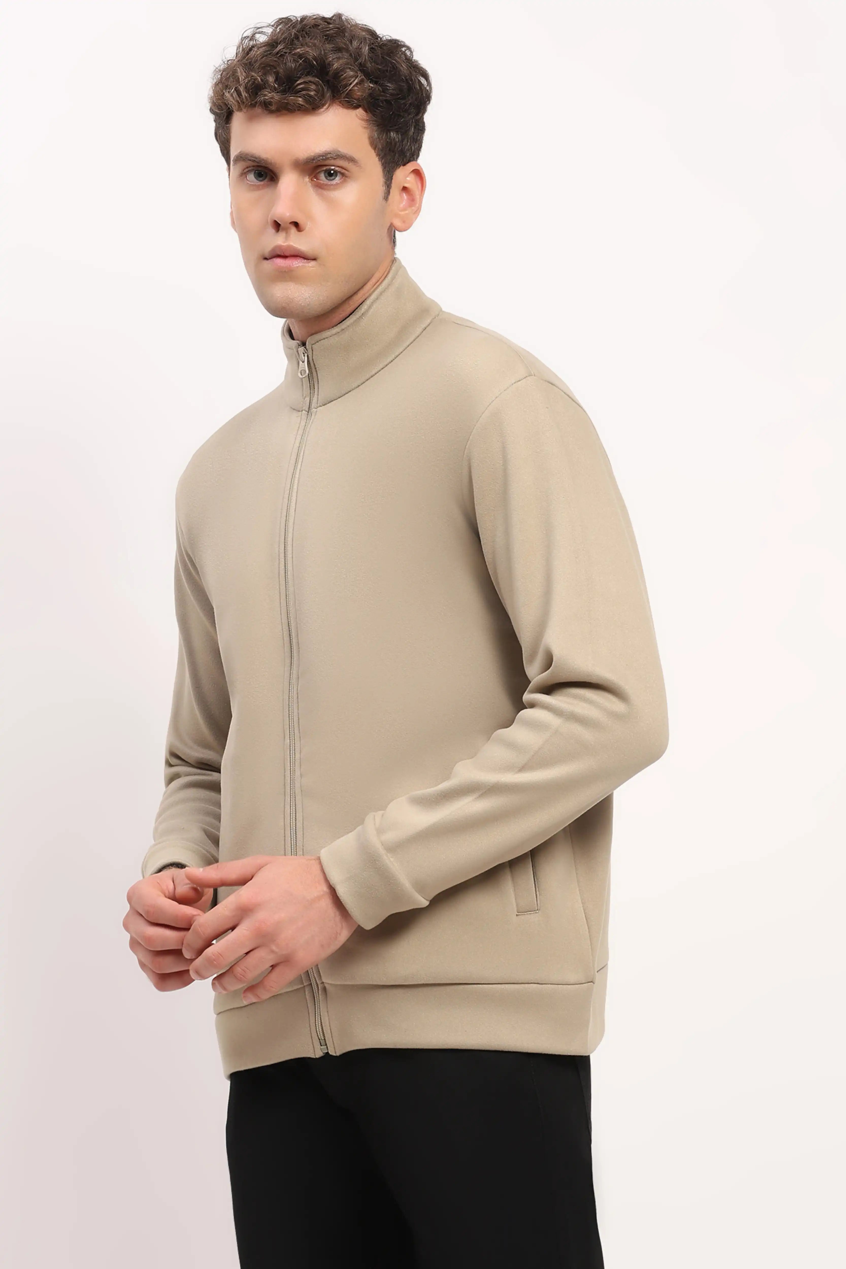 Velvet-Lined Beige Zip Sweatshirt