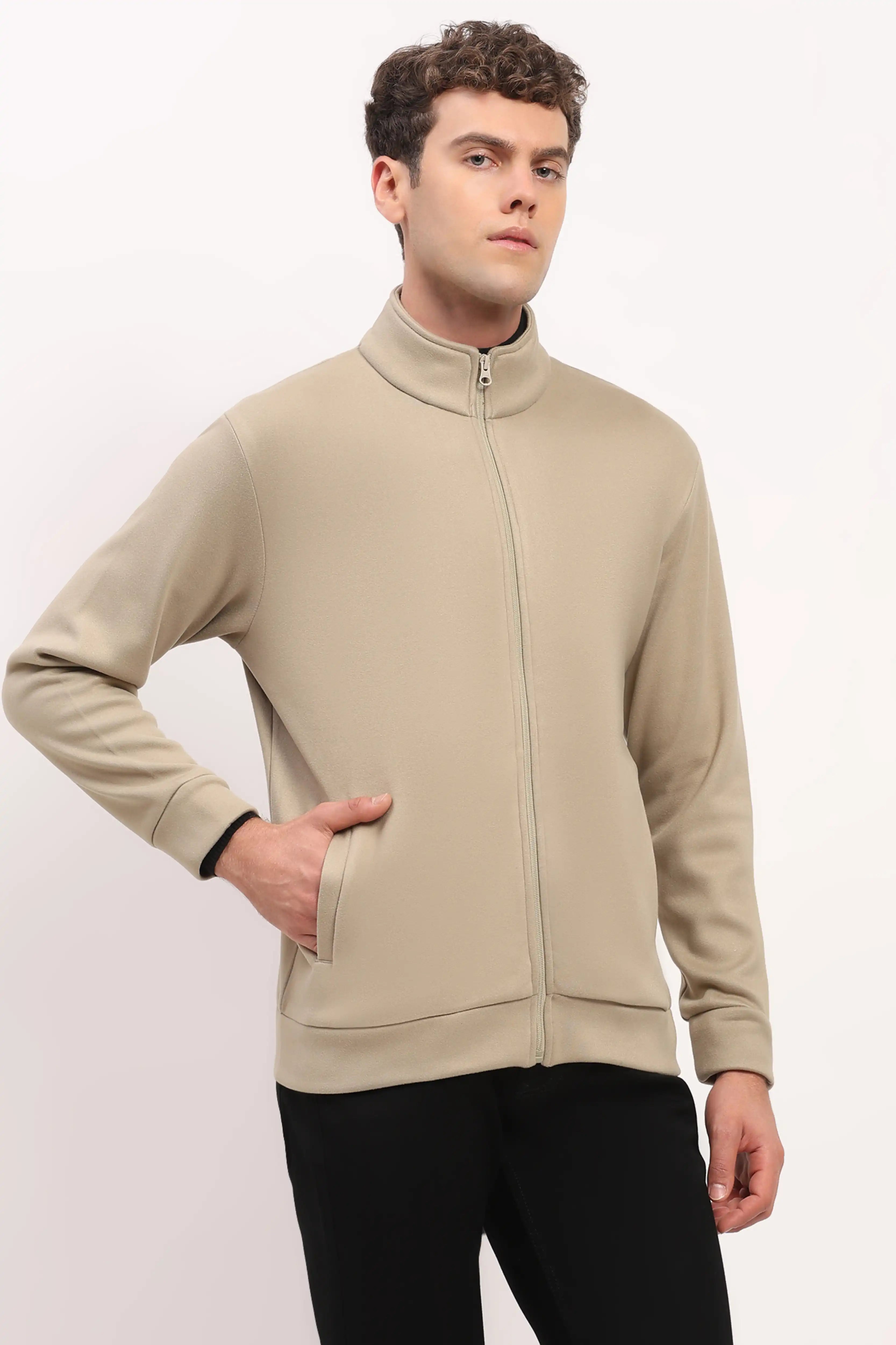 Velvet-Lined Beige Zip Sweatshirt