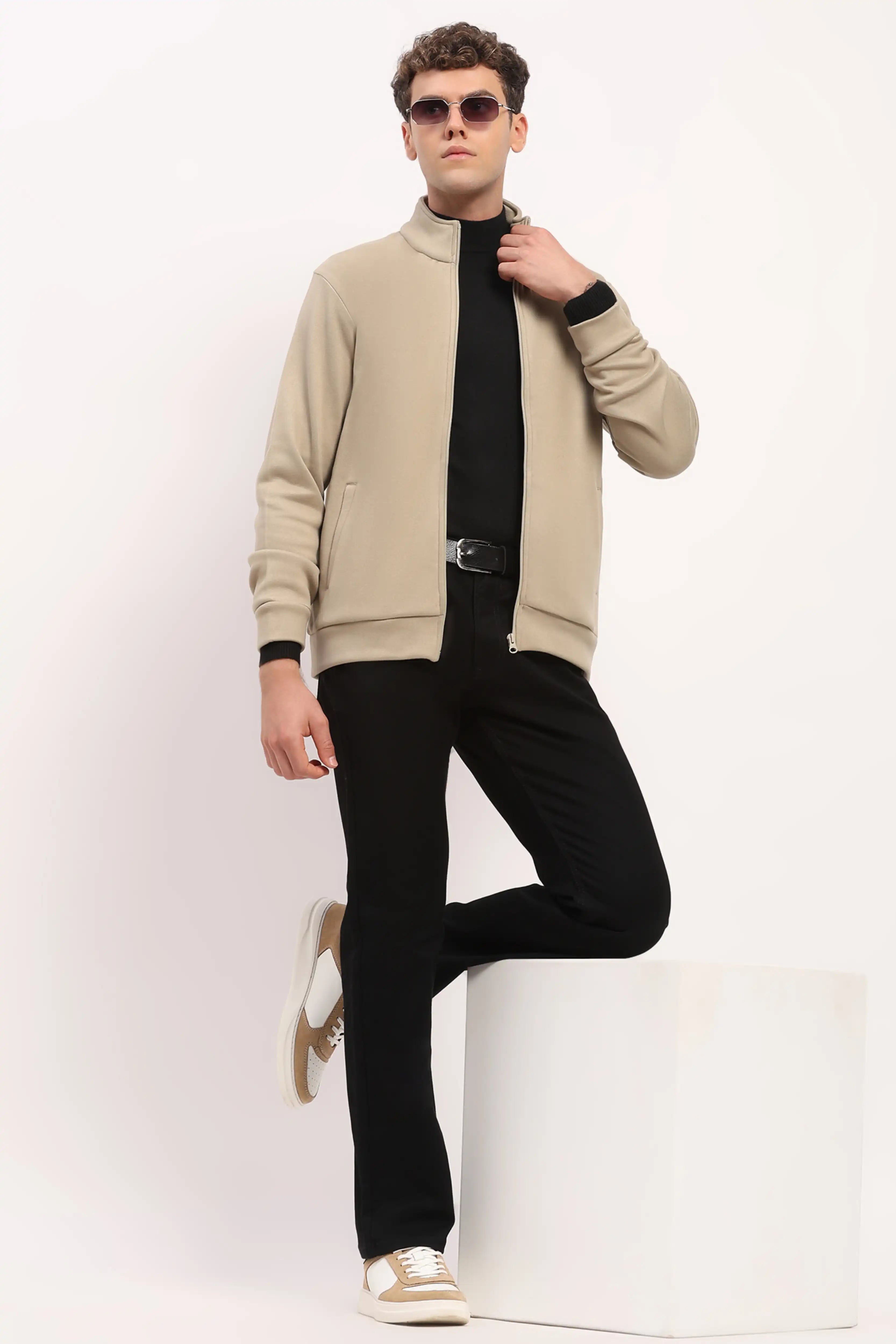 Velvet-Lined Beige Zip Sweatshirt