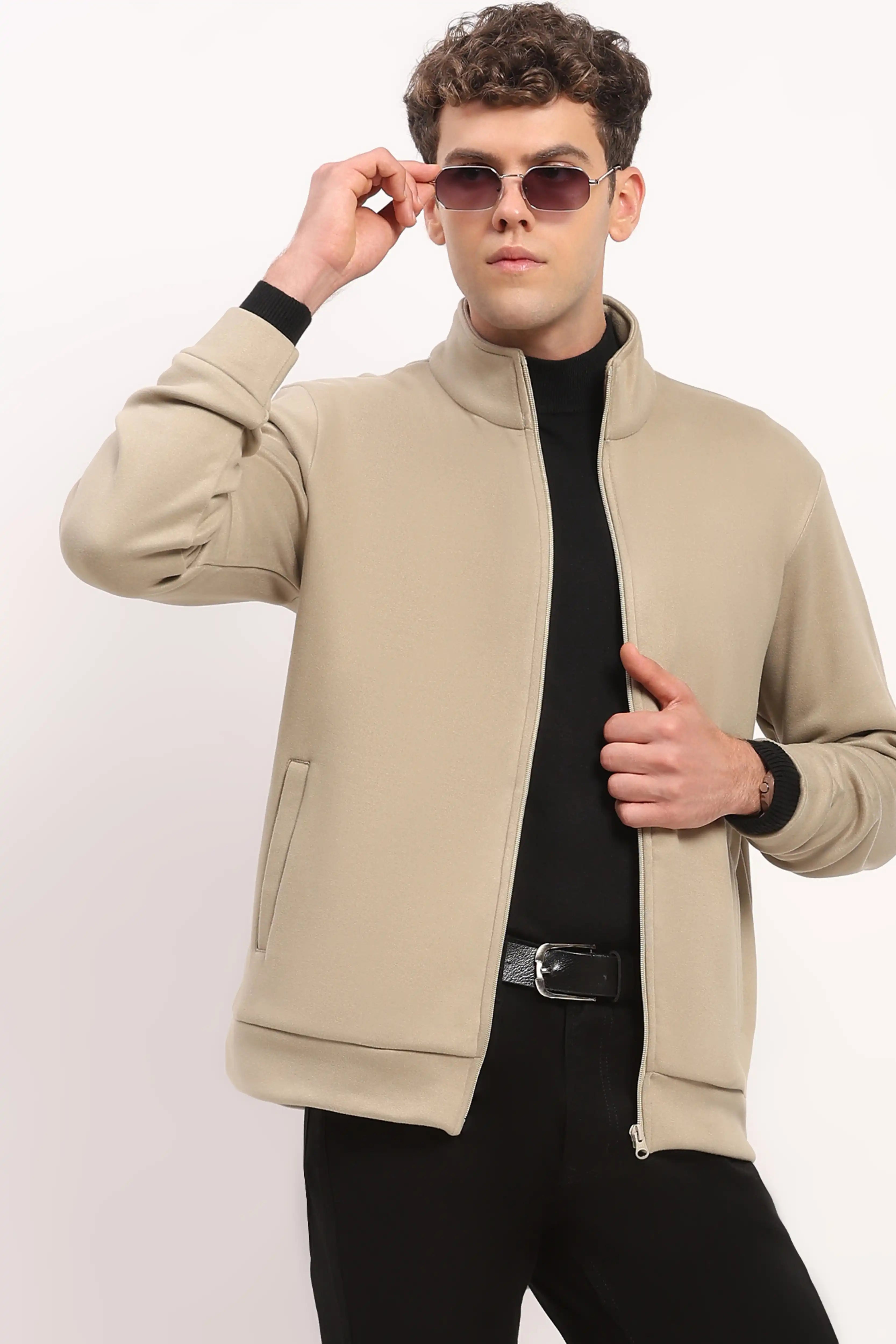 Velvet-Lined Beige Zip Sweatshirt