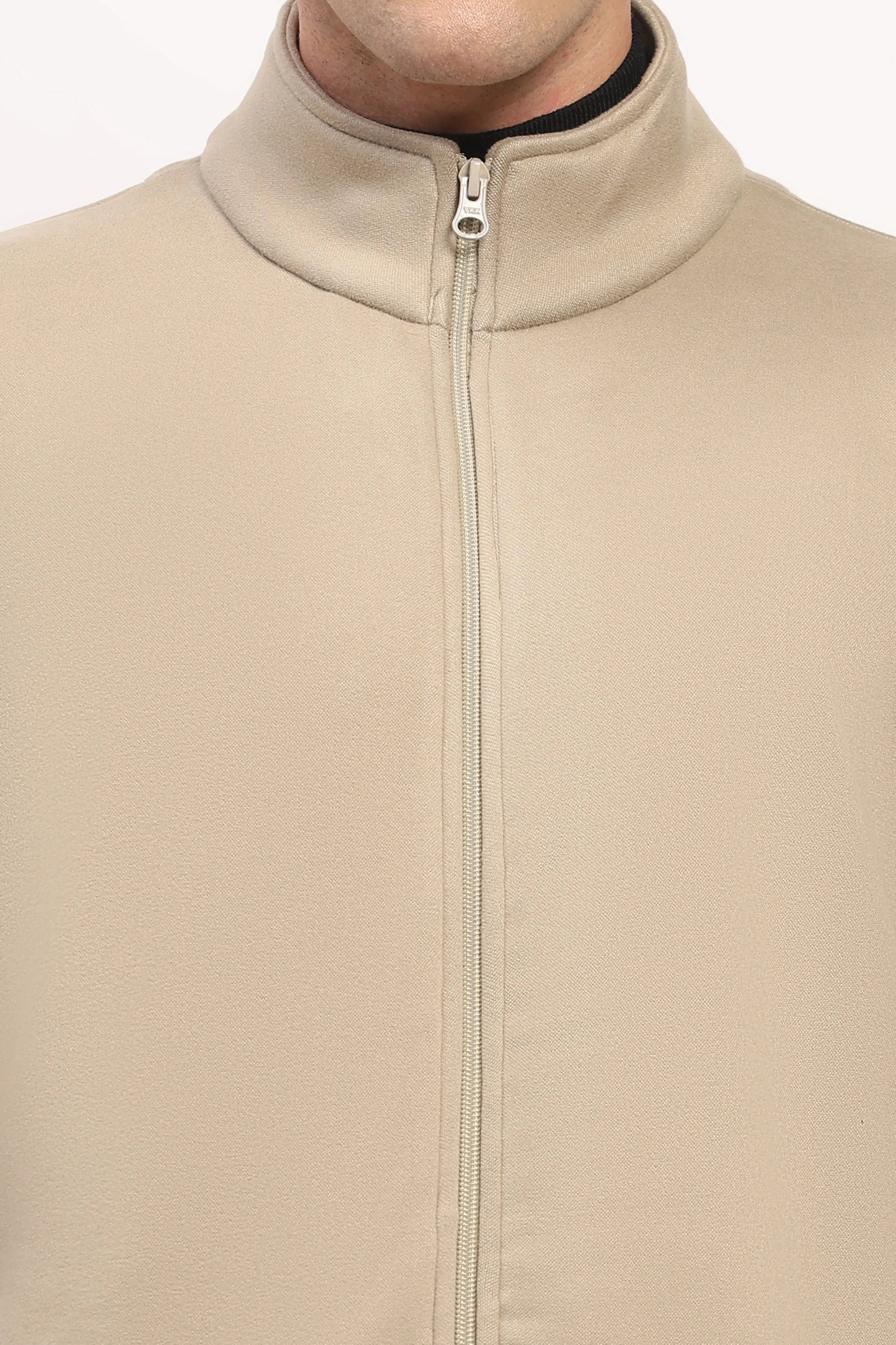 Velvet-Lined Beige Zip Sweatshirt