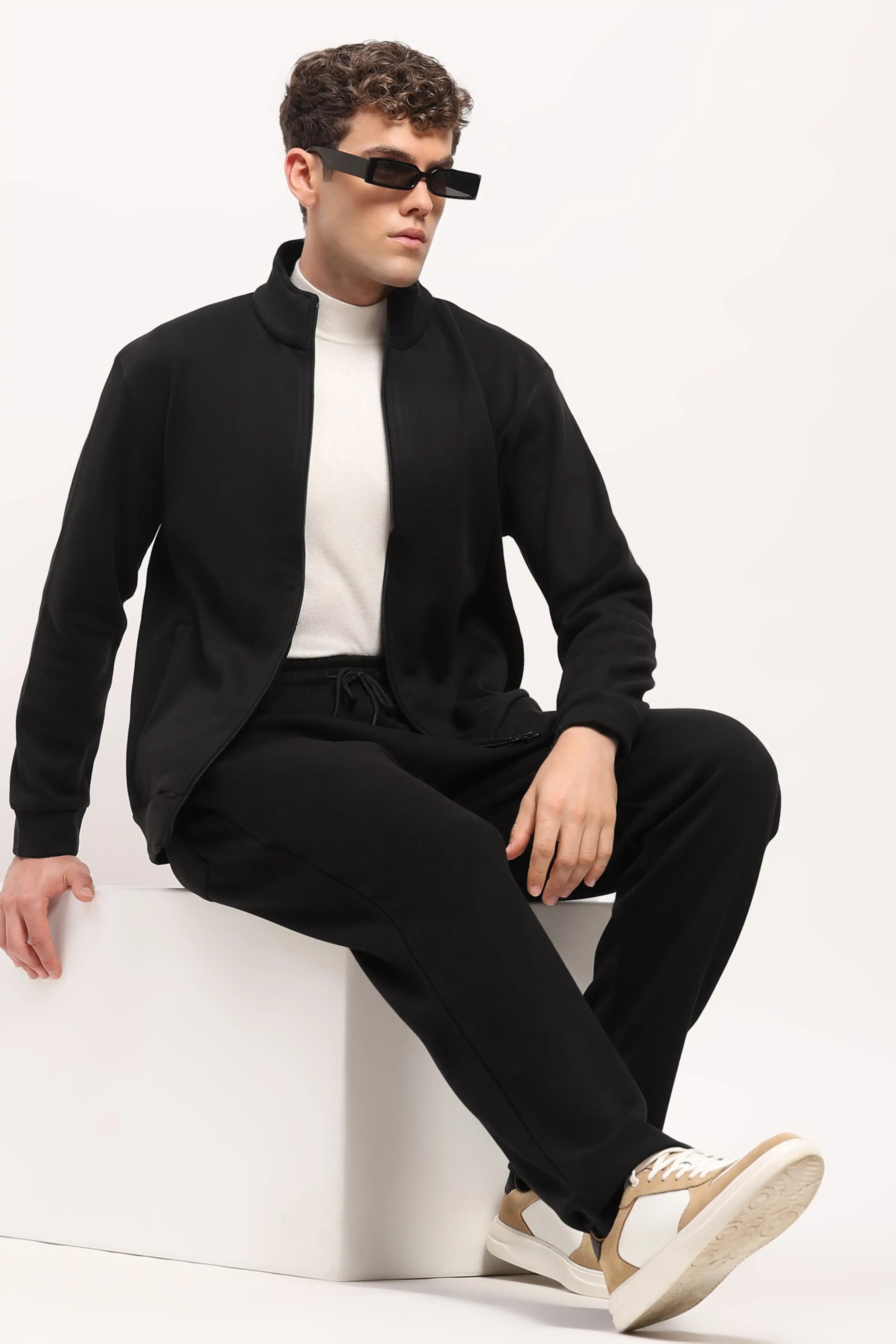 Velvet-Lined Black Zip Sweatshirt