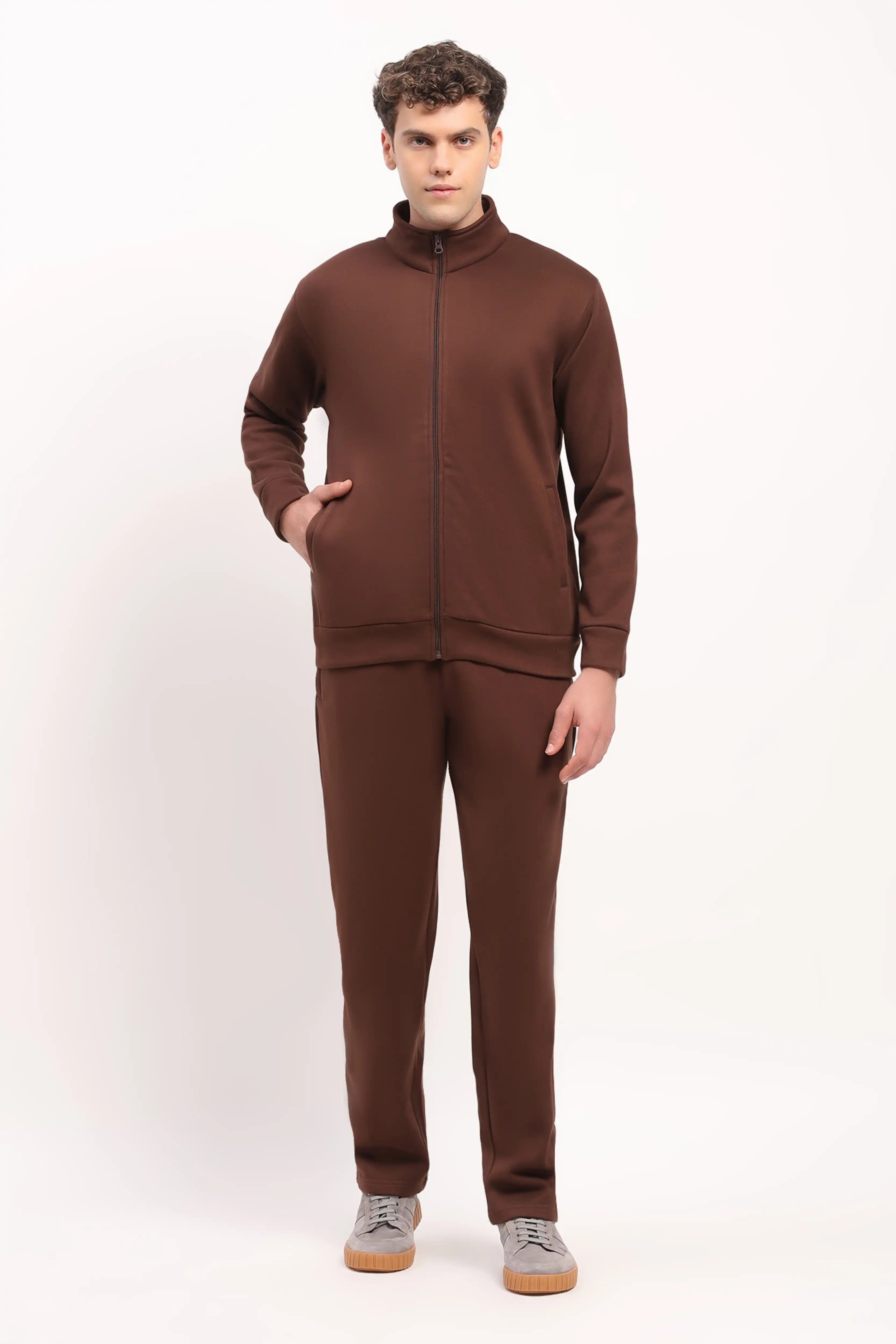 Velvet-Lined Coffee Brown Zip Sweatshirt