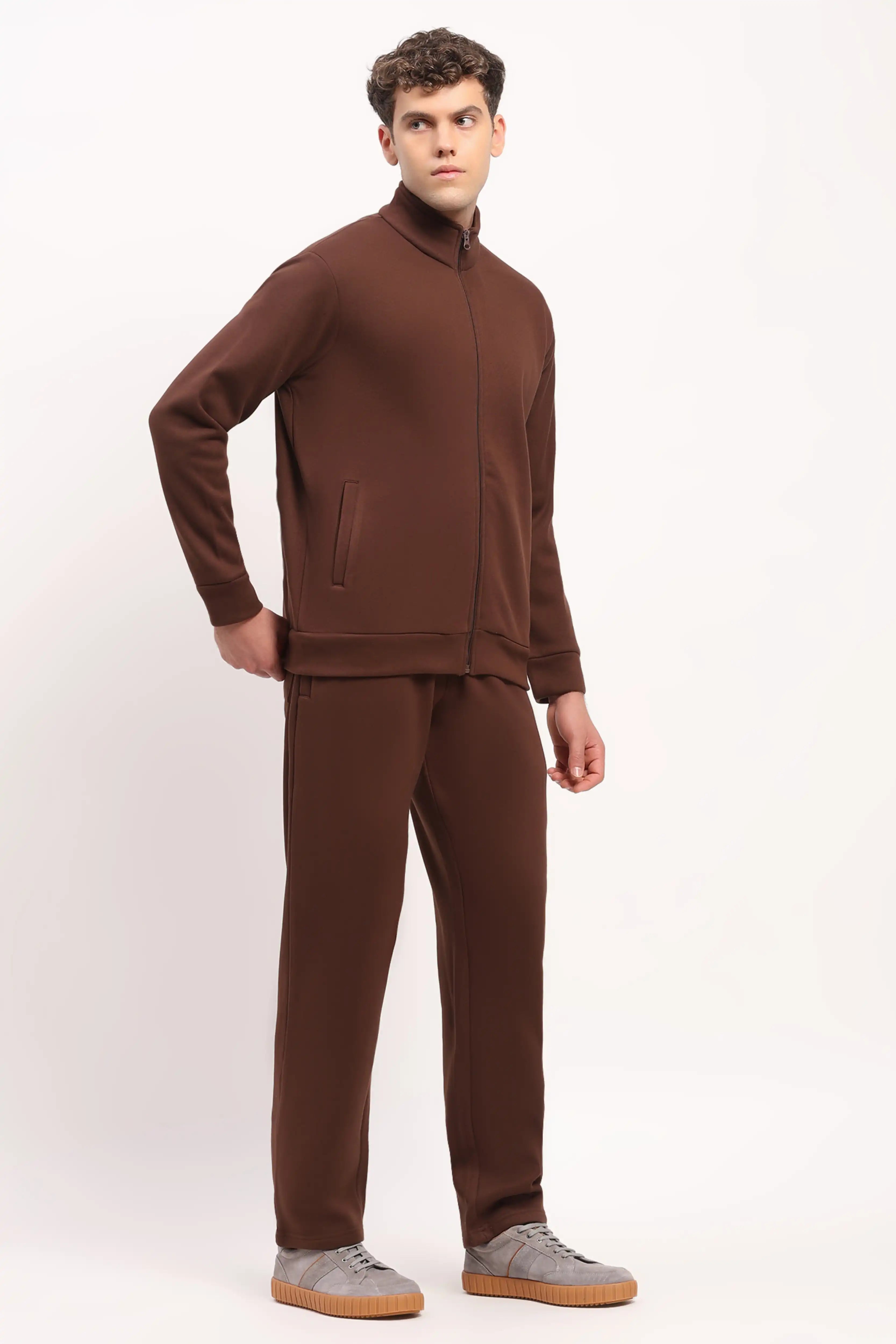 Velvet-Lined Coffee Brown Zip Sweatshirt