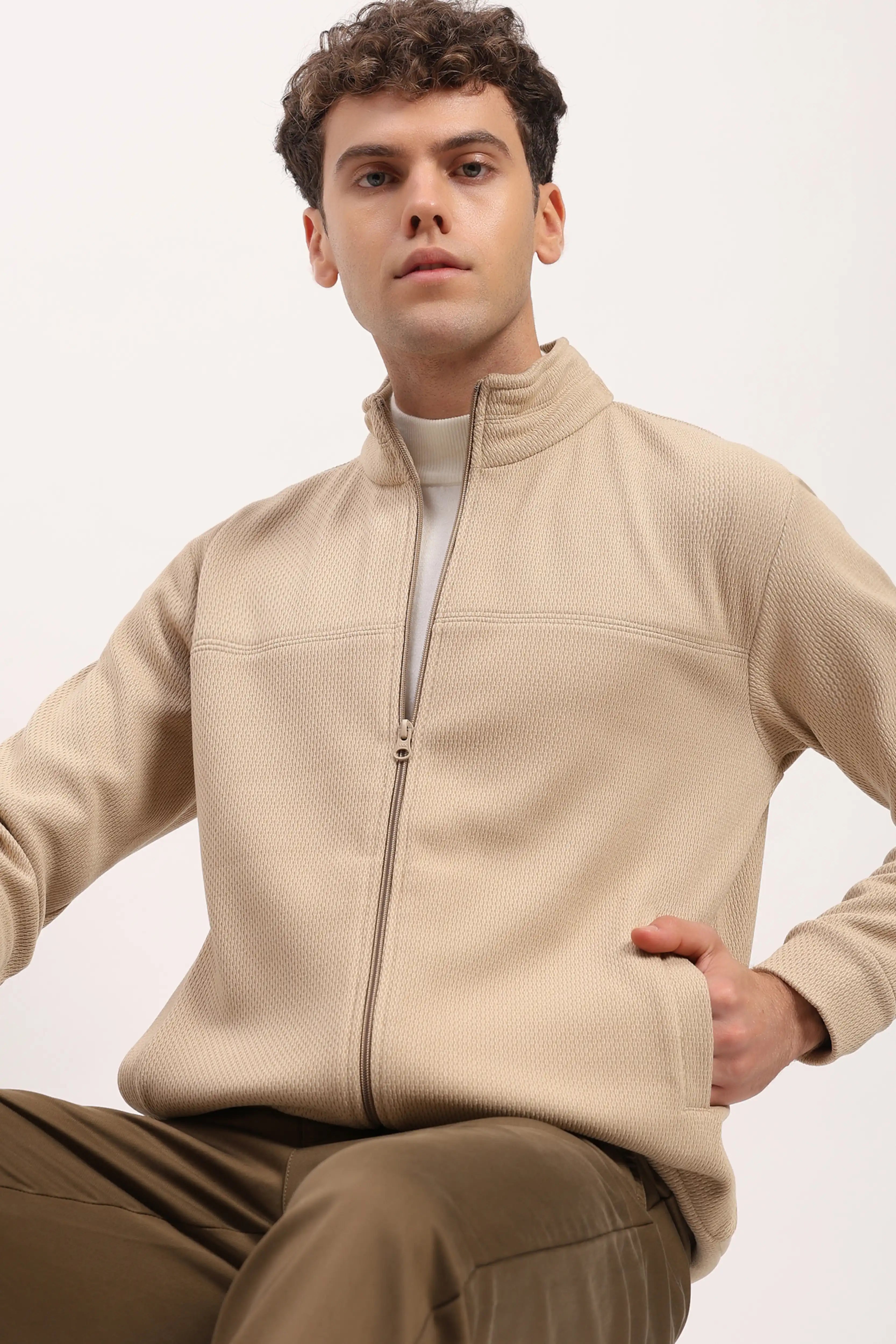 Beige Zipper Winter Jacket