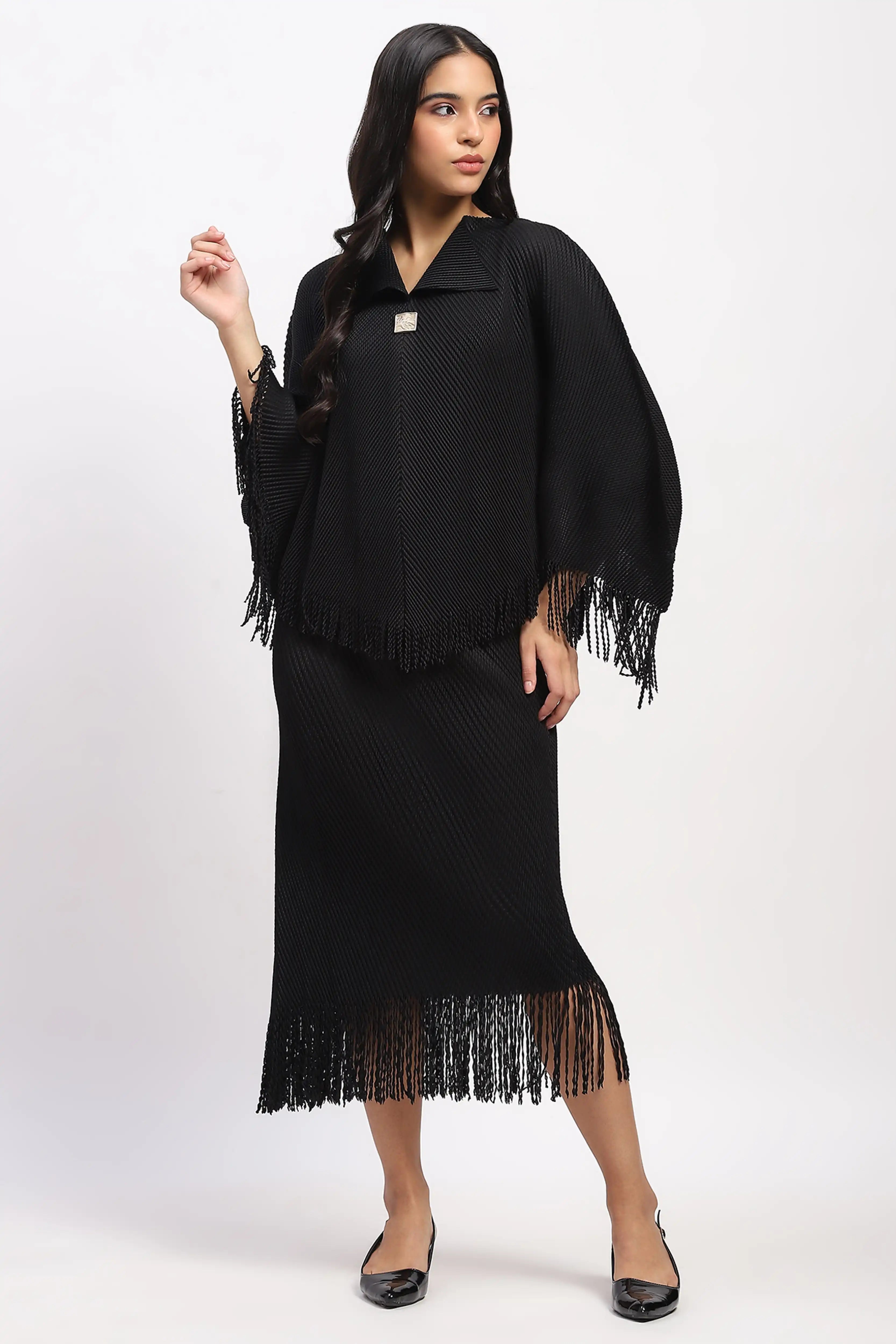 Black Bohemian Frayed Edge Top & Skirt Set
