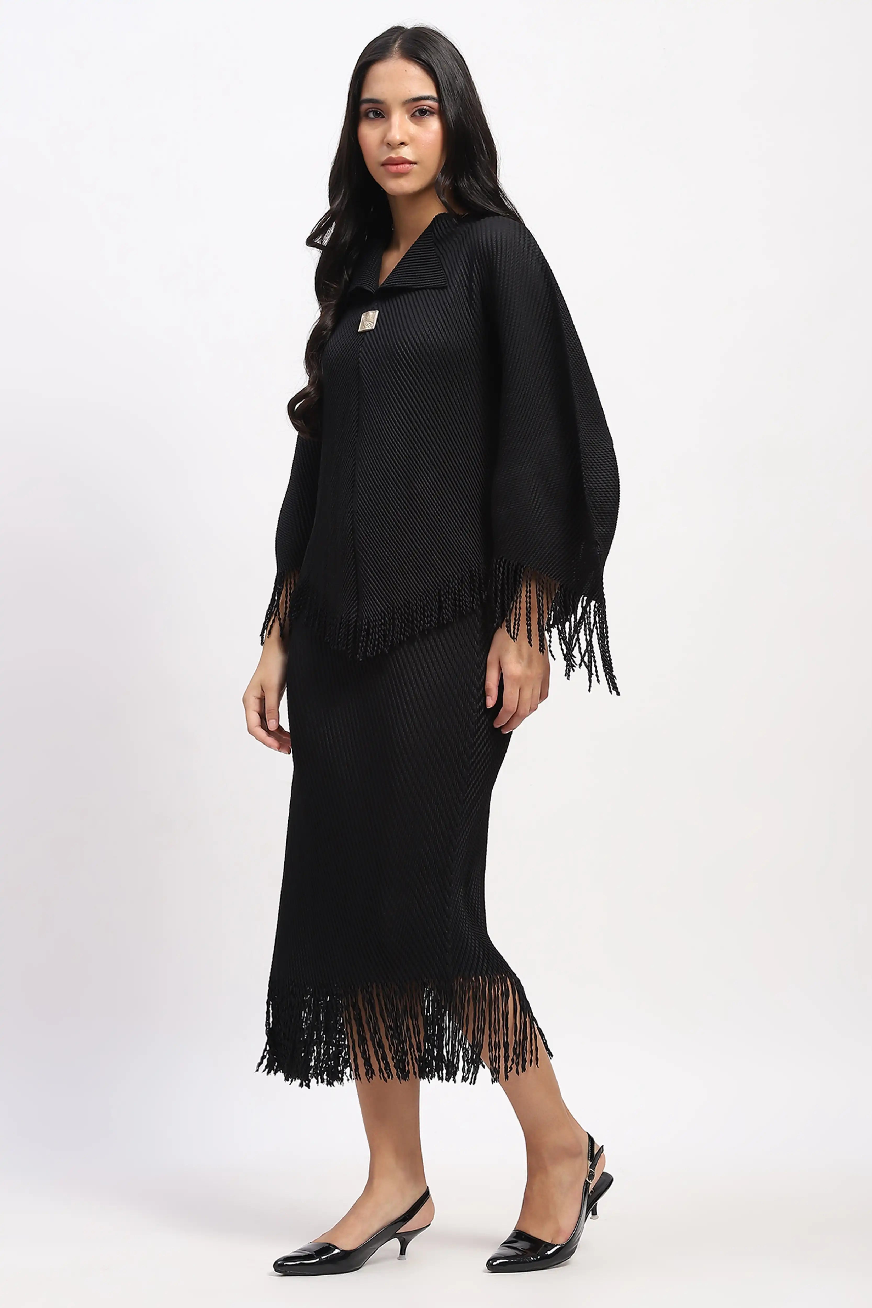 Black Bohemian Frayed Edge Top & Skirt Set