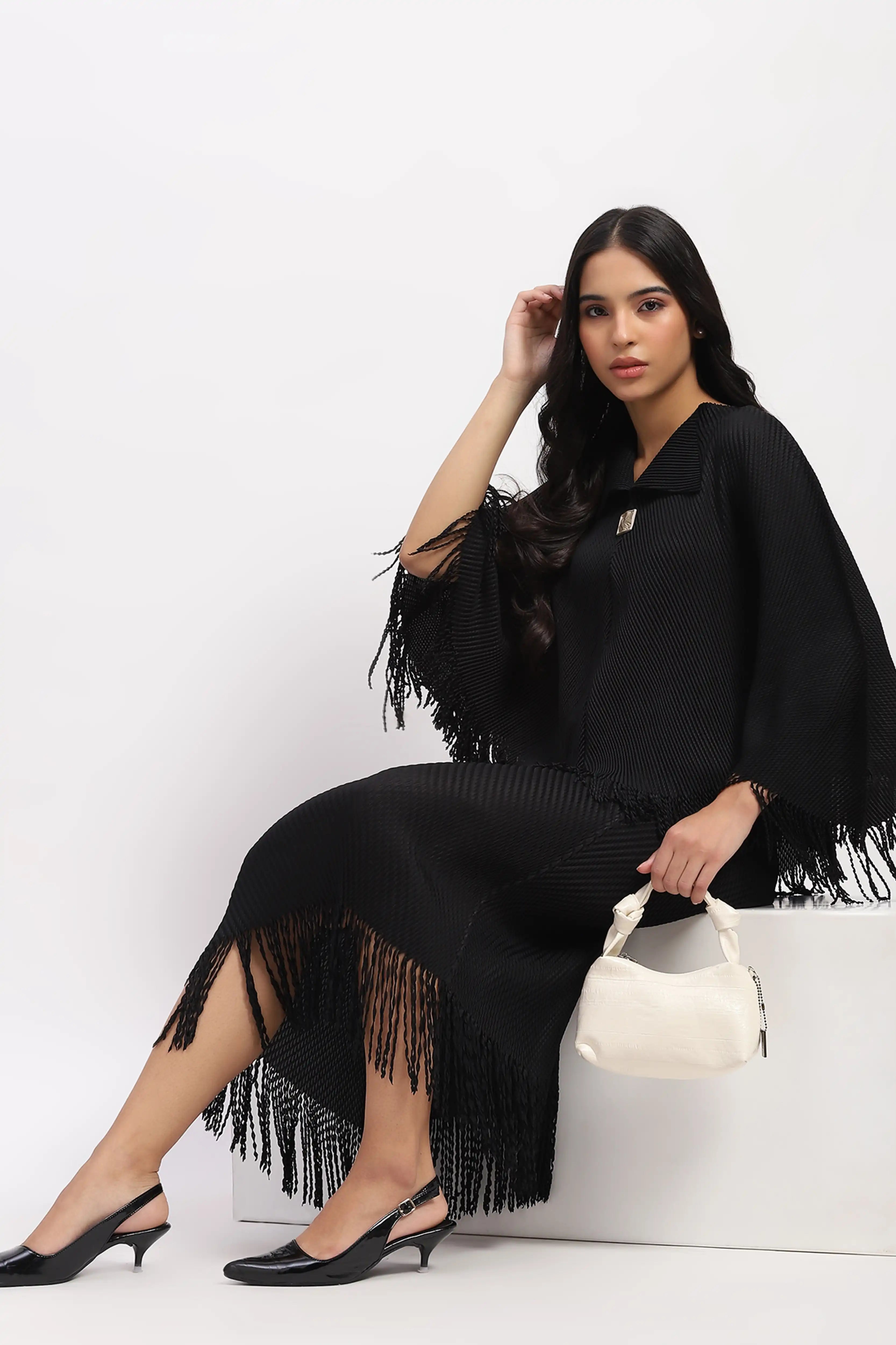 Black Bohemian Frayed Edge Top & Skirt Set