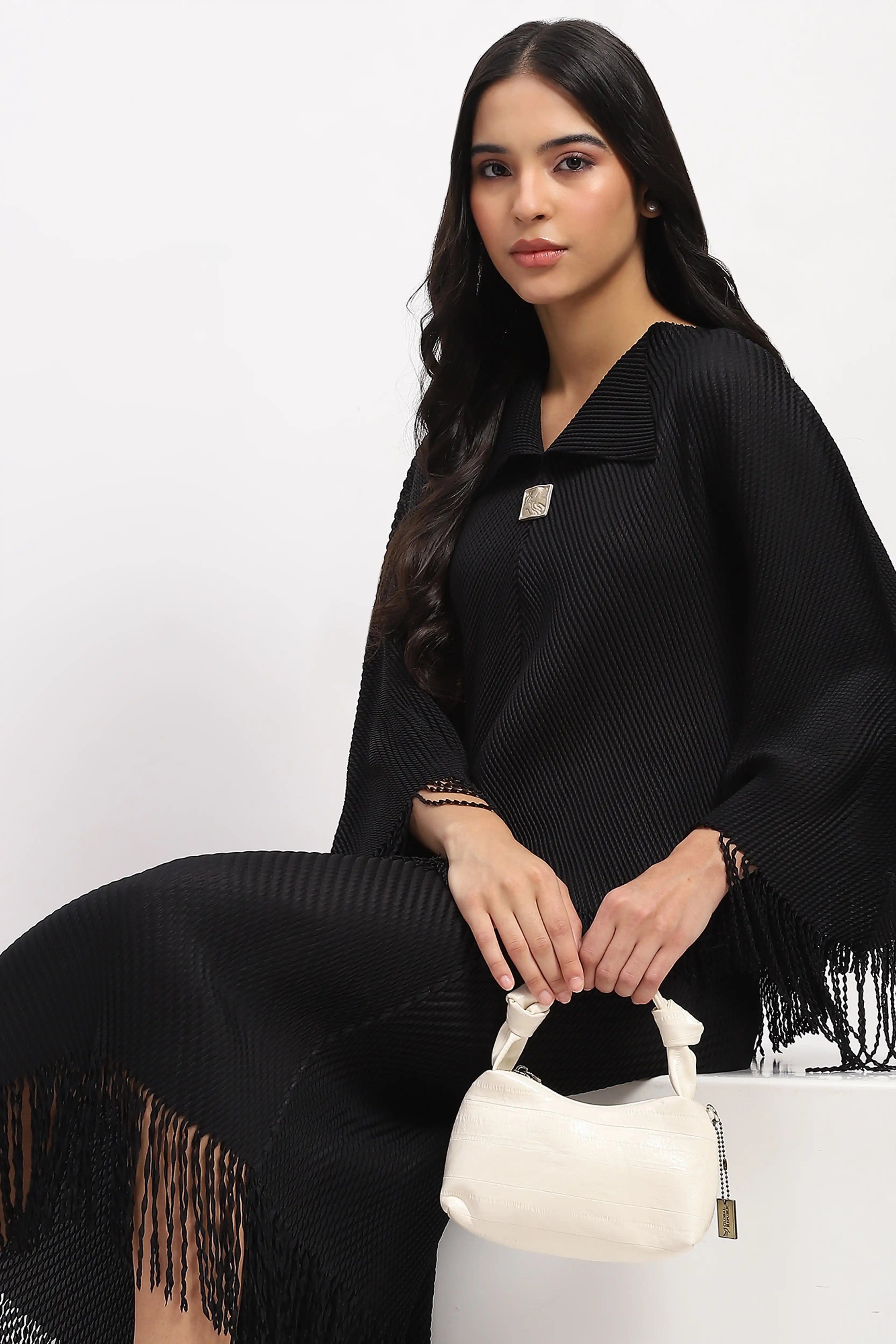 Black Bohemian Frayed Edge Top & Skirt Set