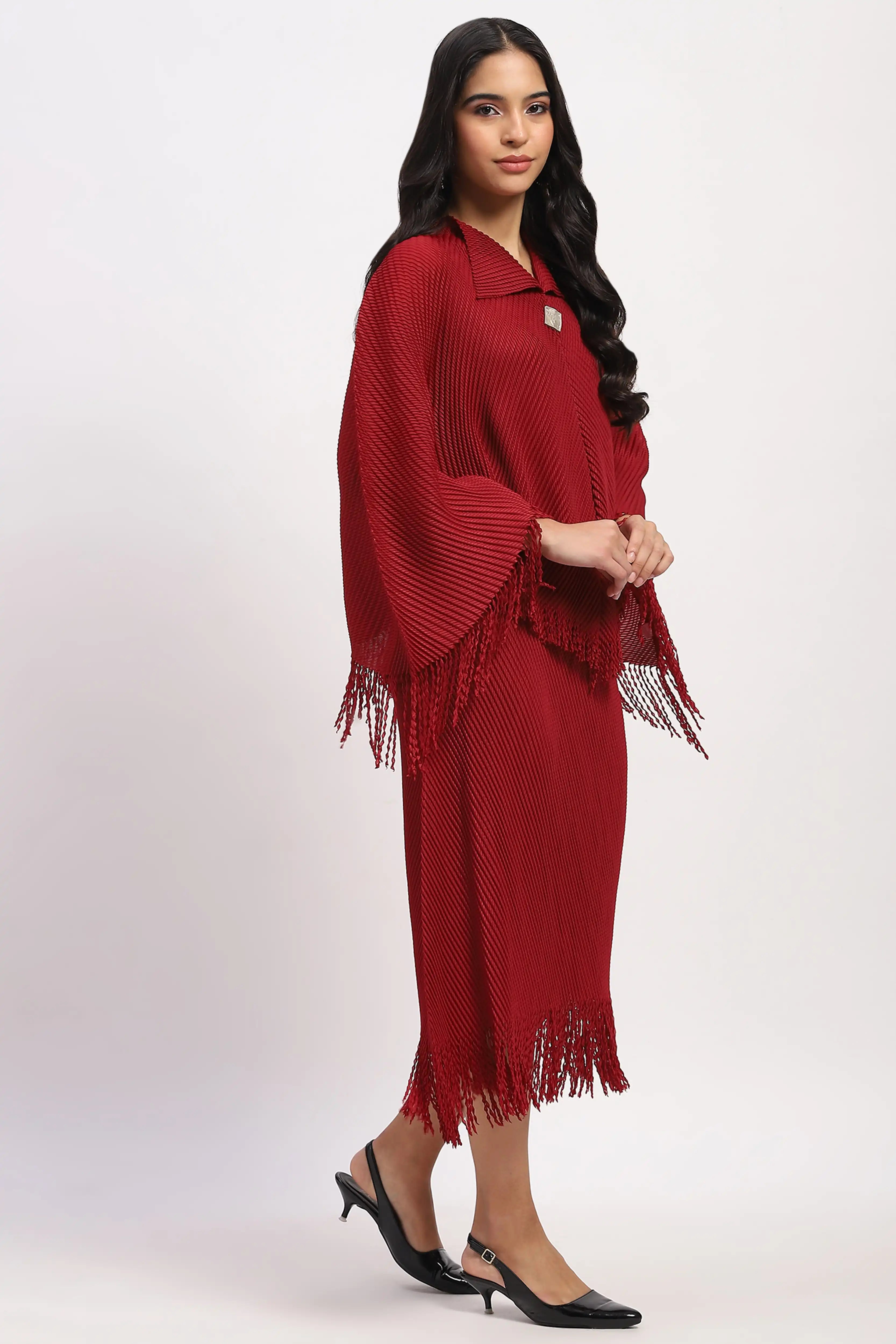 Maroon Bohemian Frayed Edge Top & Skirt Set