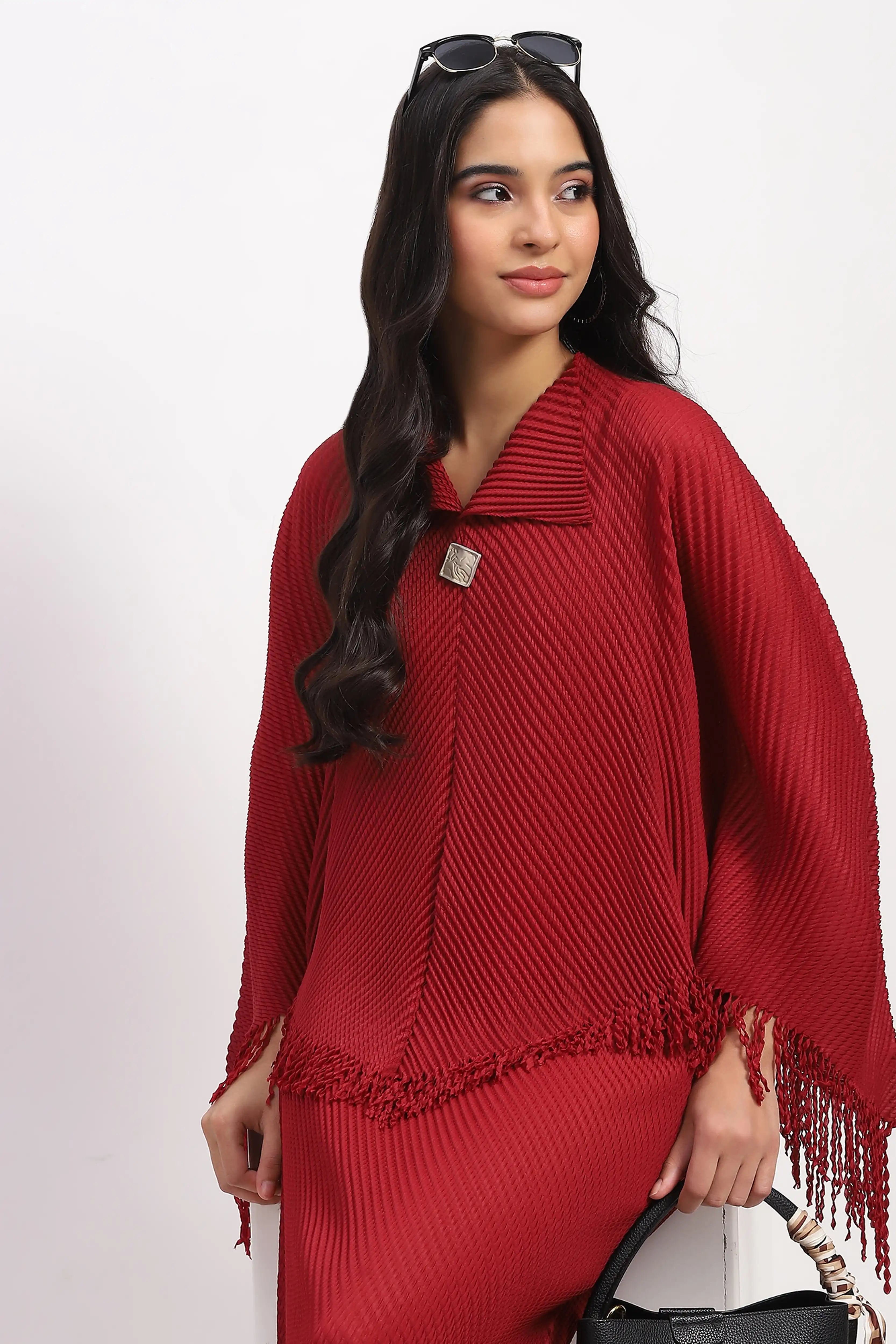 Maroon Bohemian Frayed Edge Top & Skirt Set