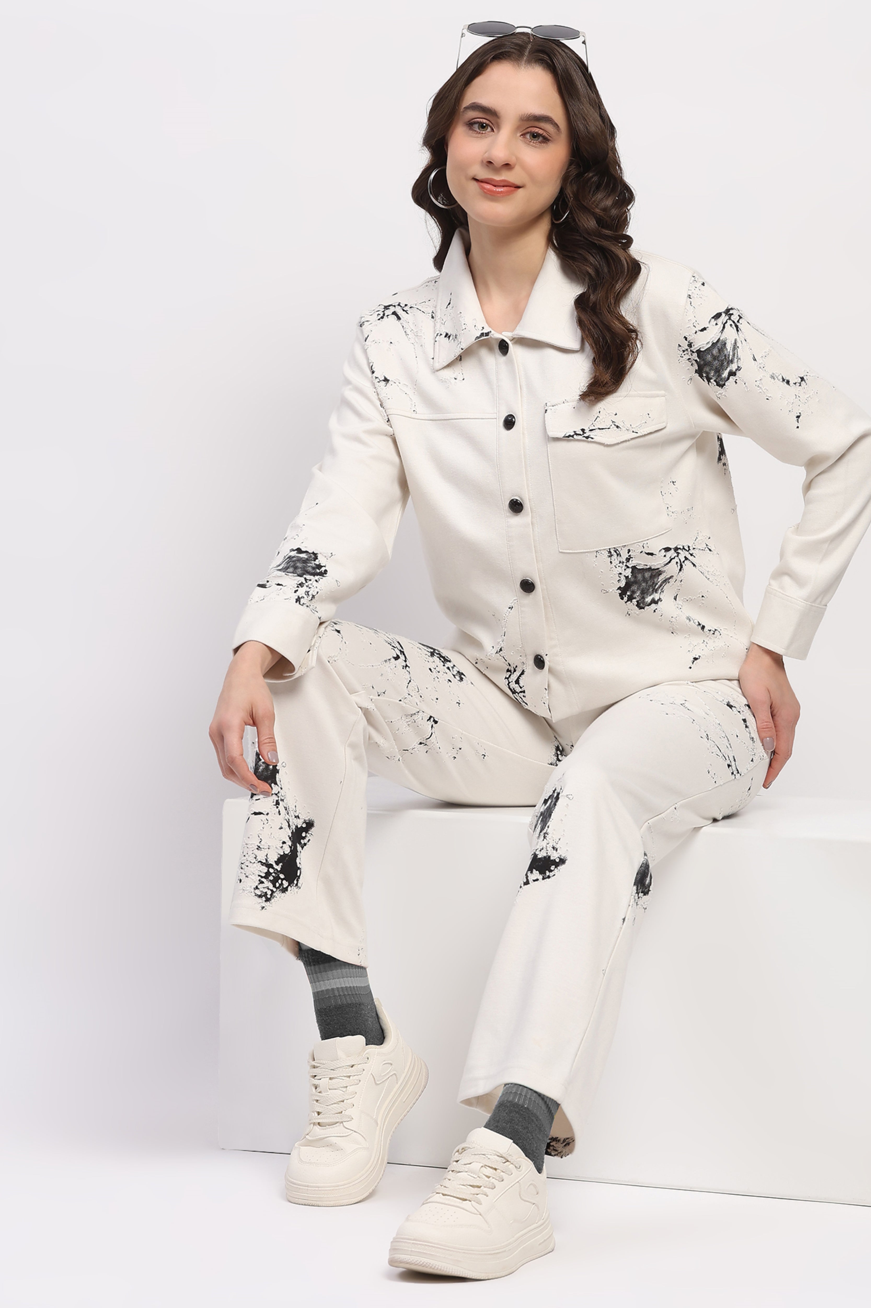 White Abstract Print Loungewear Set