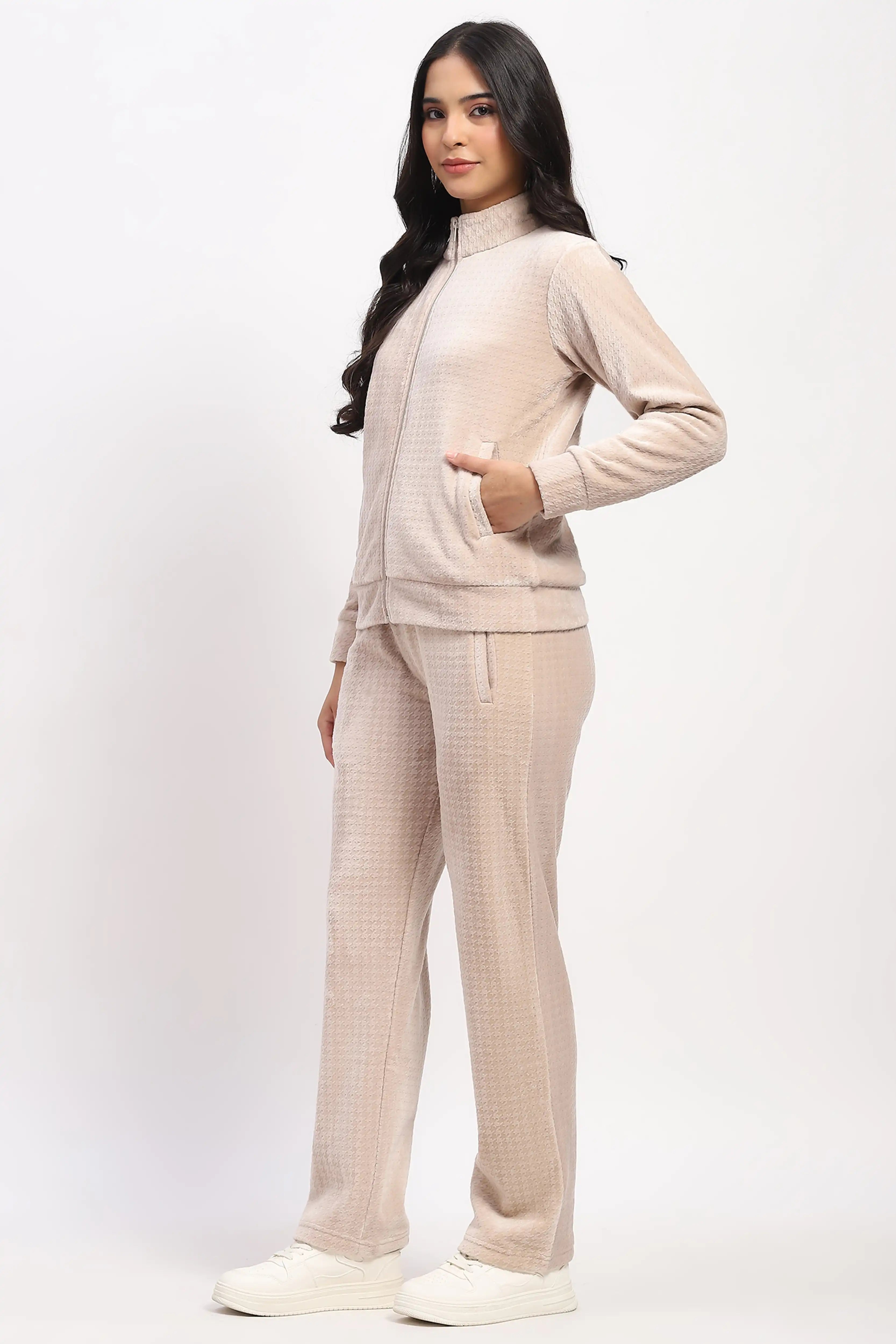Beige Houndstooth Velvet Co-ord Set