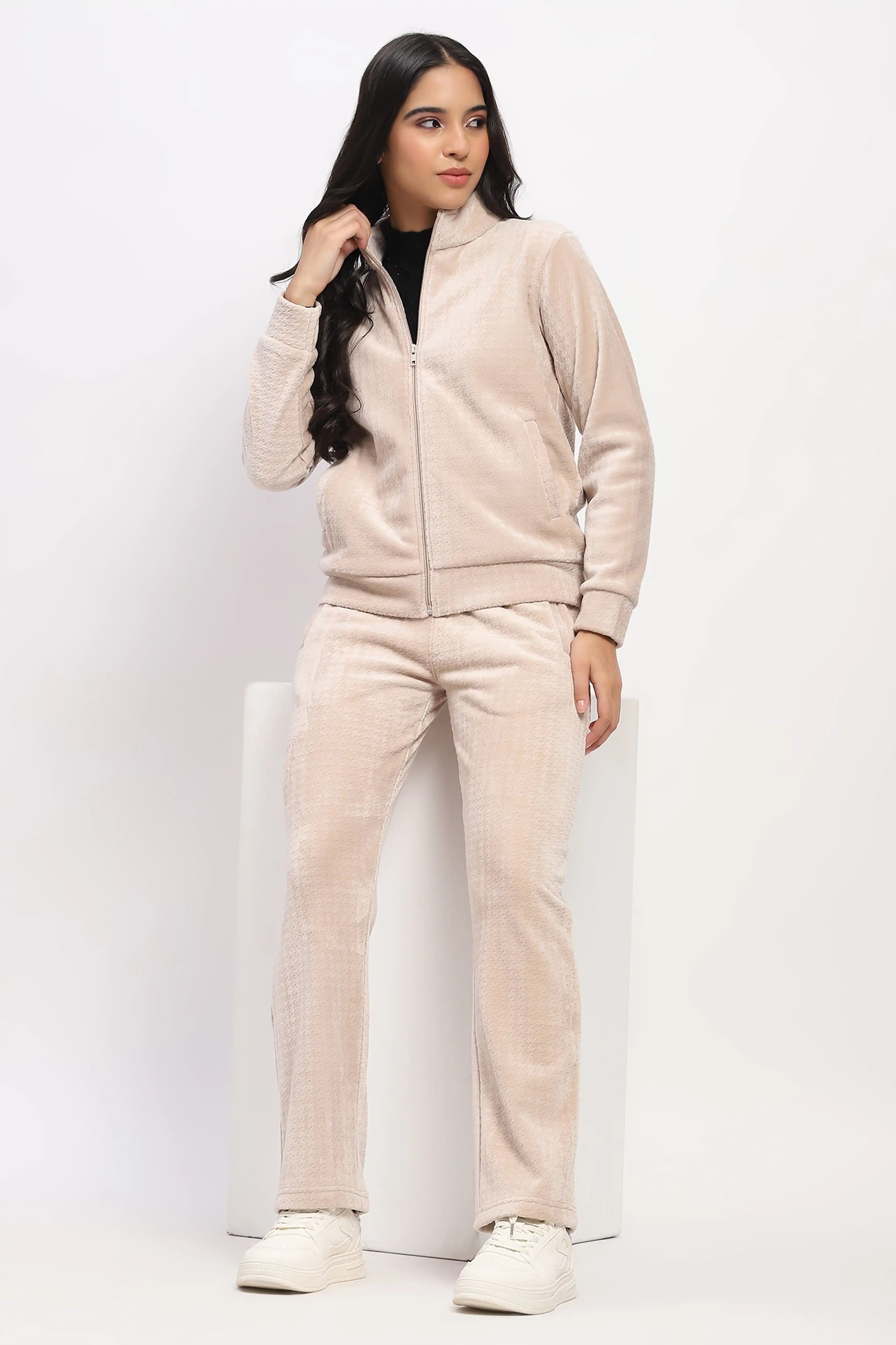 Beige Houndstooth Velvet Co-ord Set