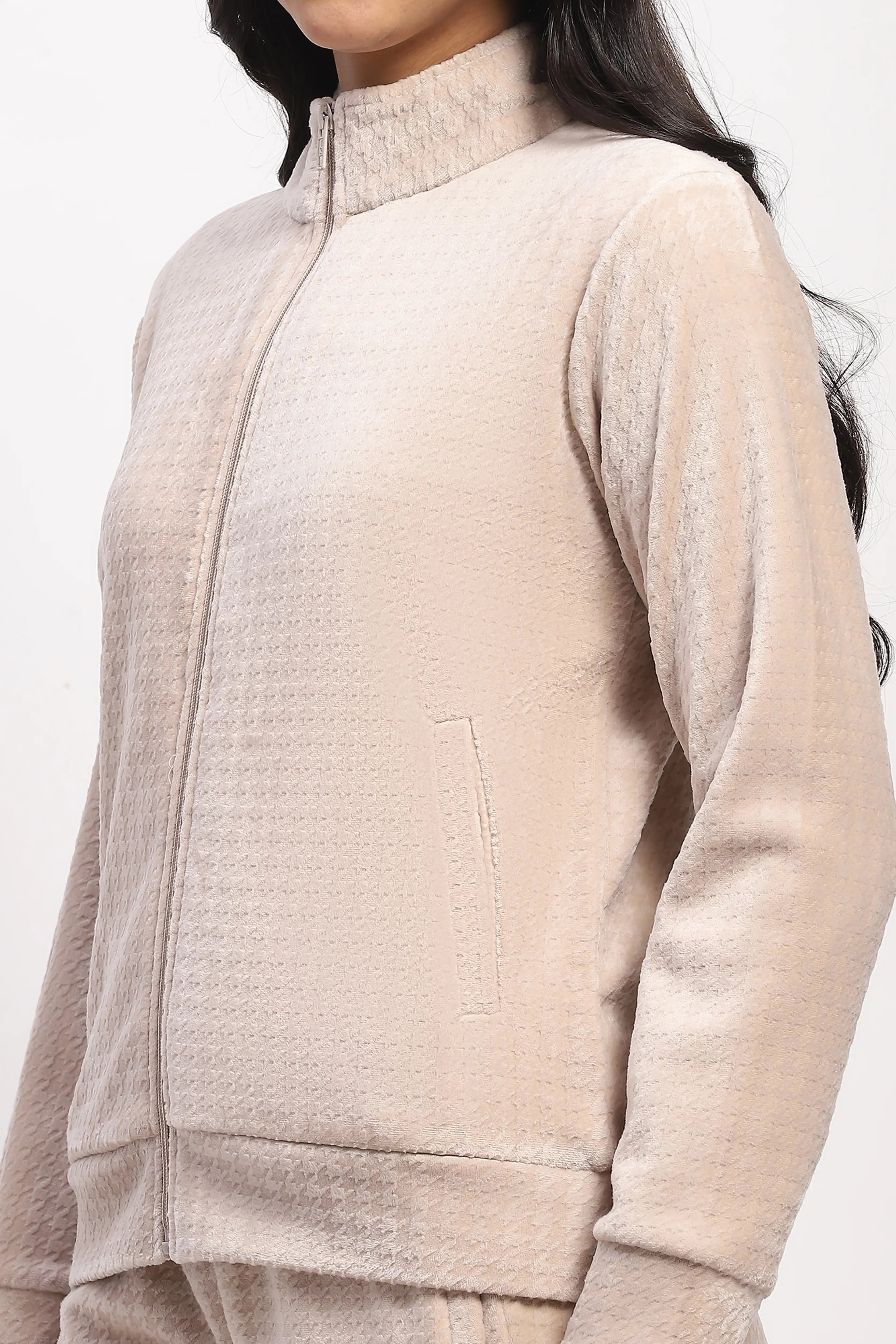 Beige Houndstooth Velvet Co-ord Set