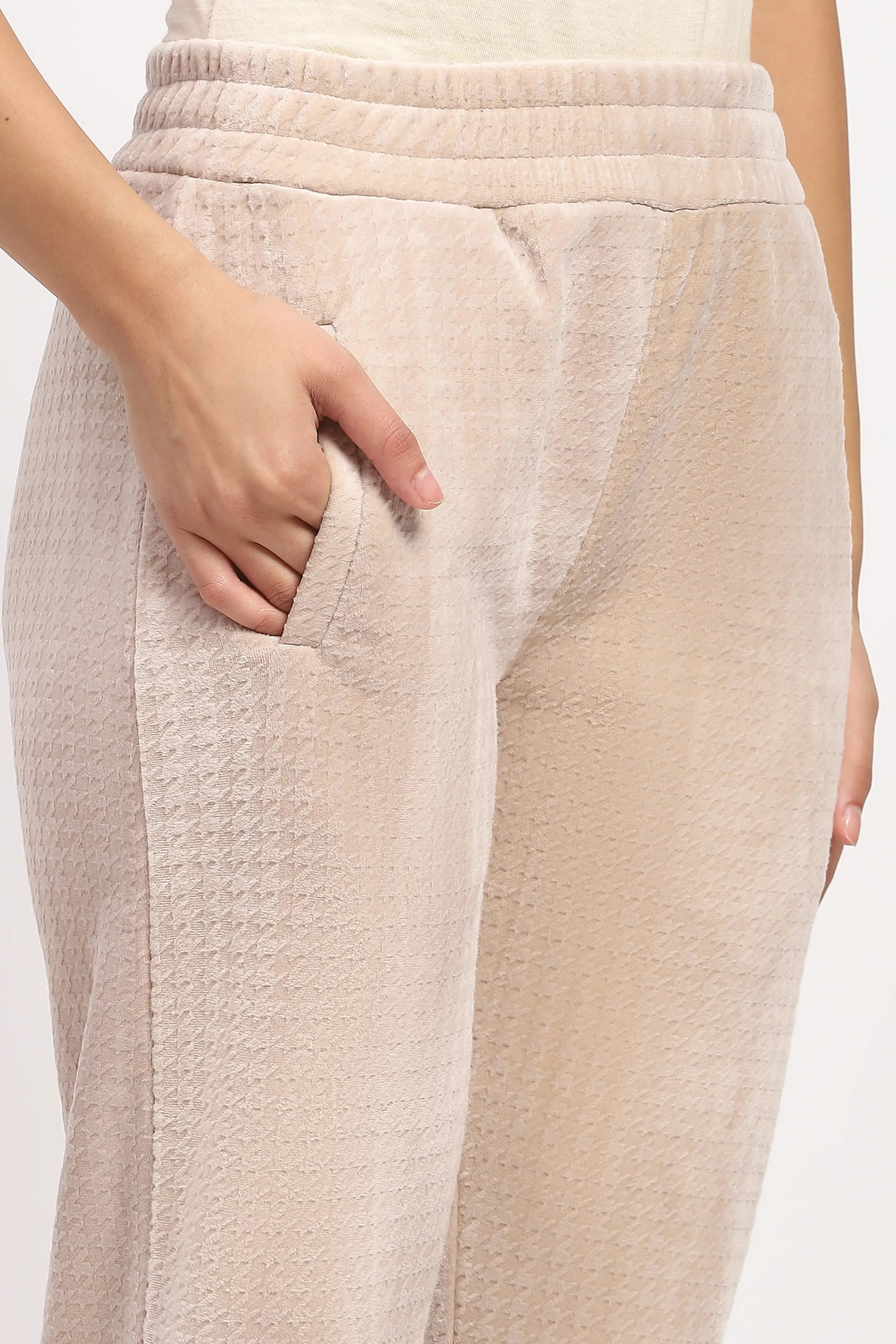 Beige Houndstooth Velvet Co-ord Set