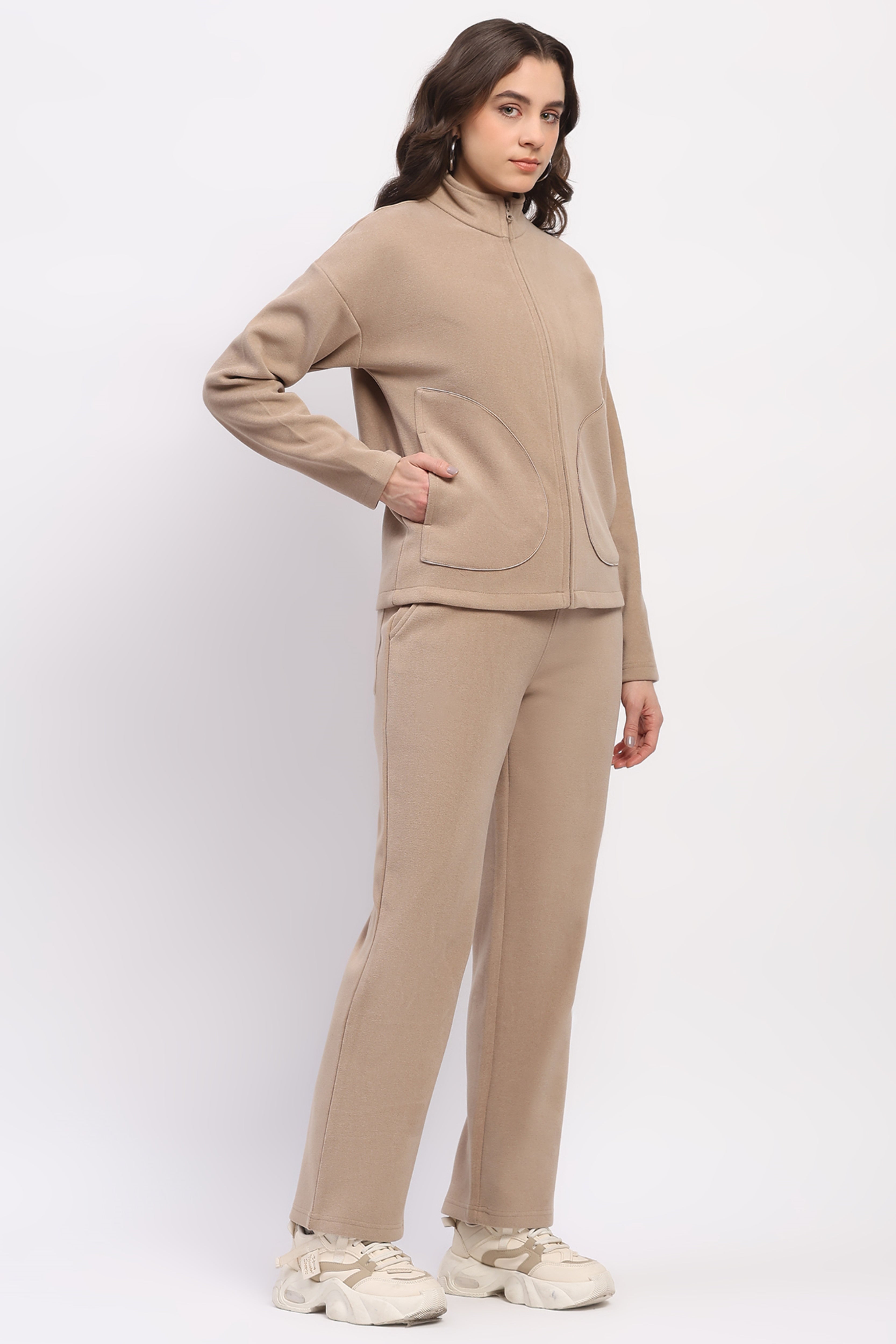 Beige Drop-Shoulder Winter Tracksuit