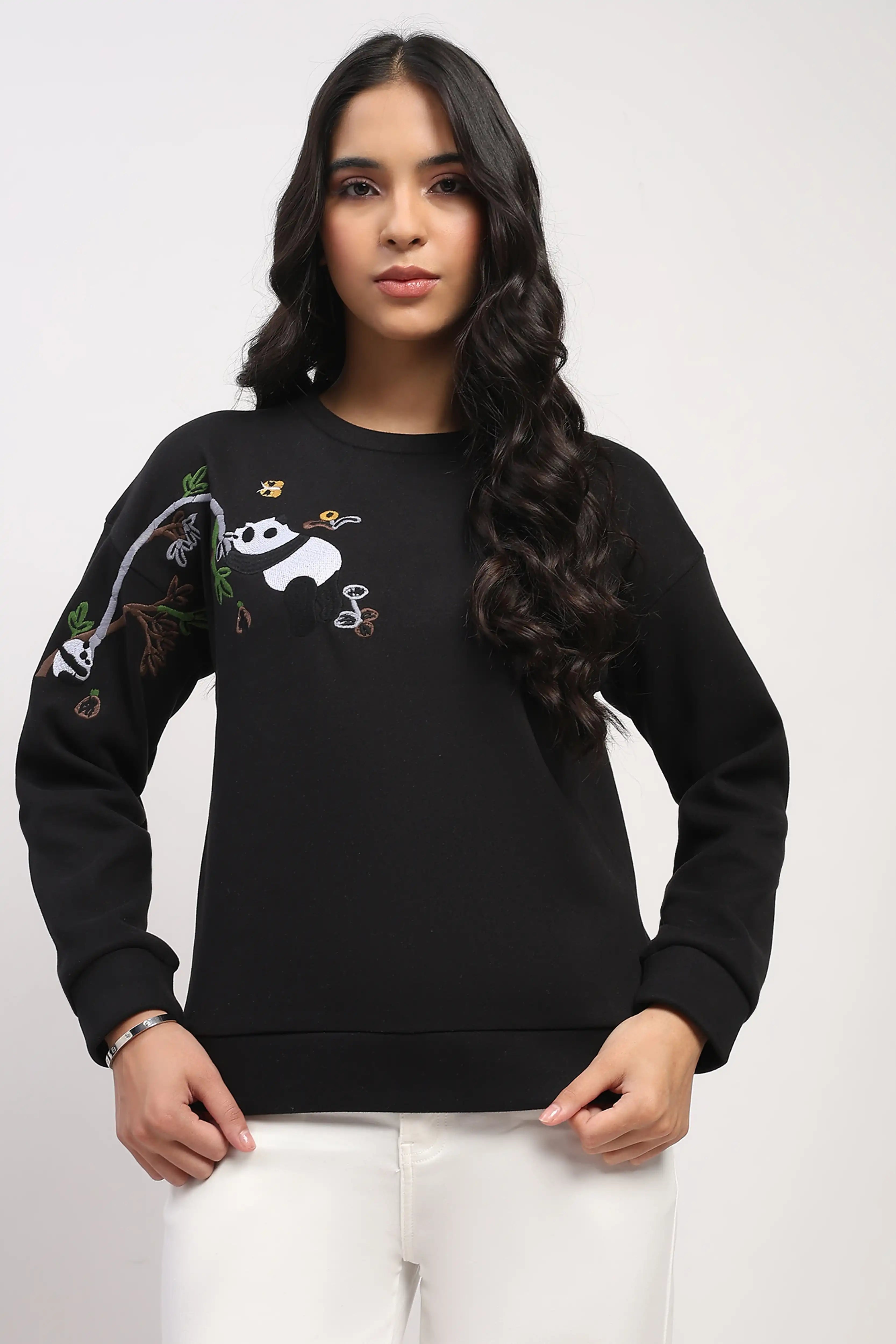 Panda Embroidered Drop-Shoulder Sweatshirt