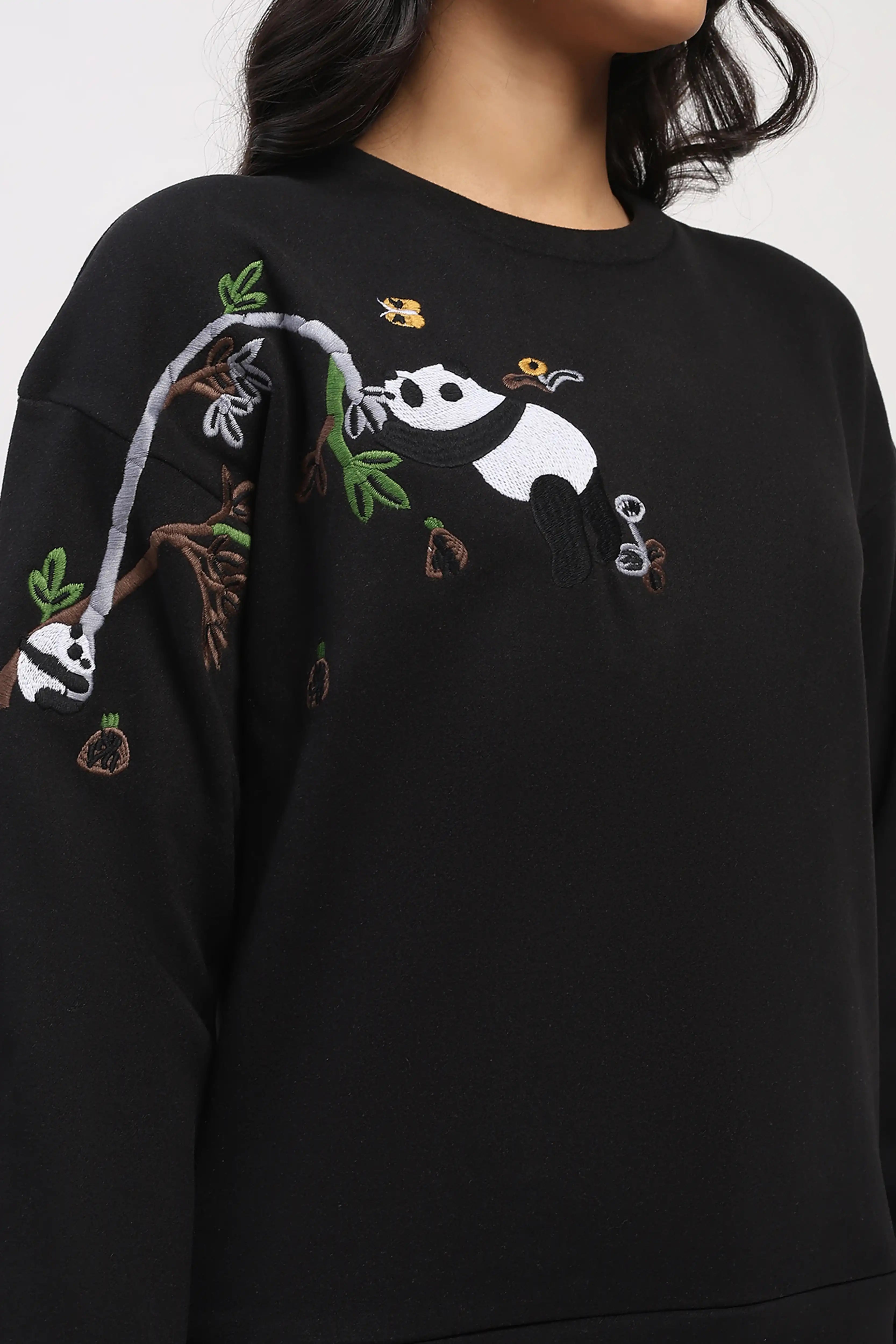 Panda Embroidered Drop-Shoulder Sweatshirt