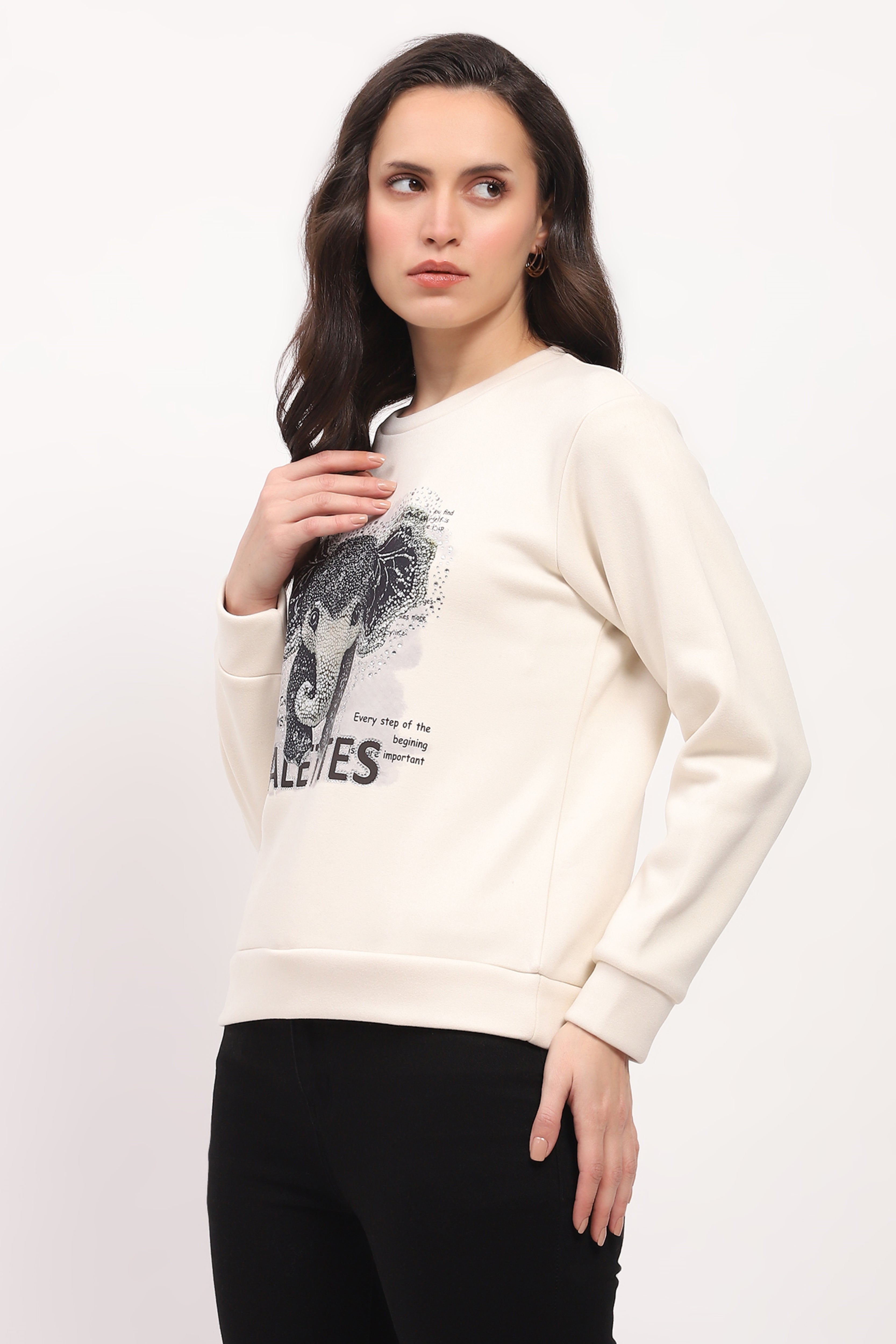 Cream Elephant Print Embellished Sweatshirt
