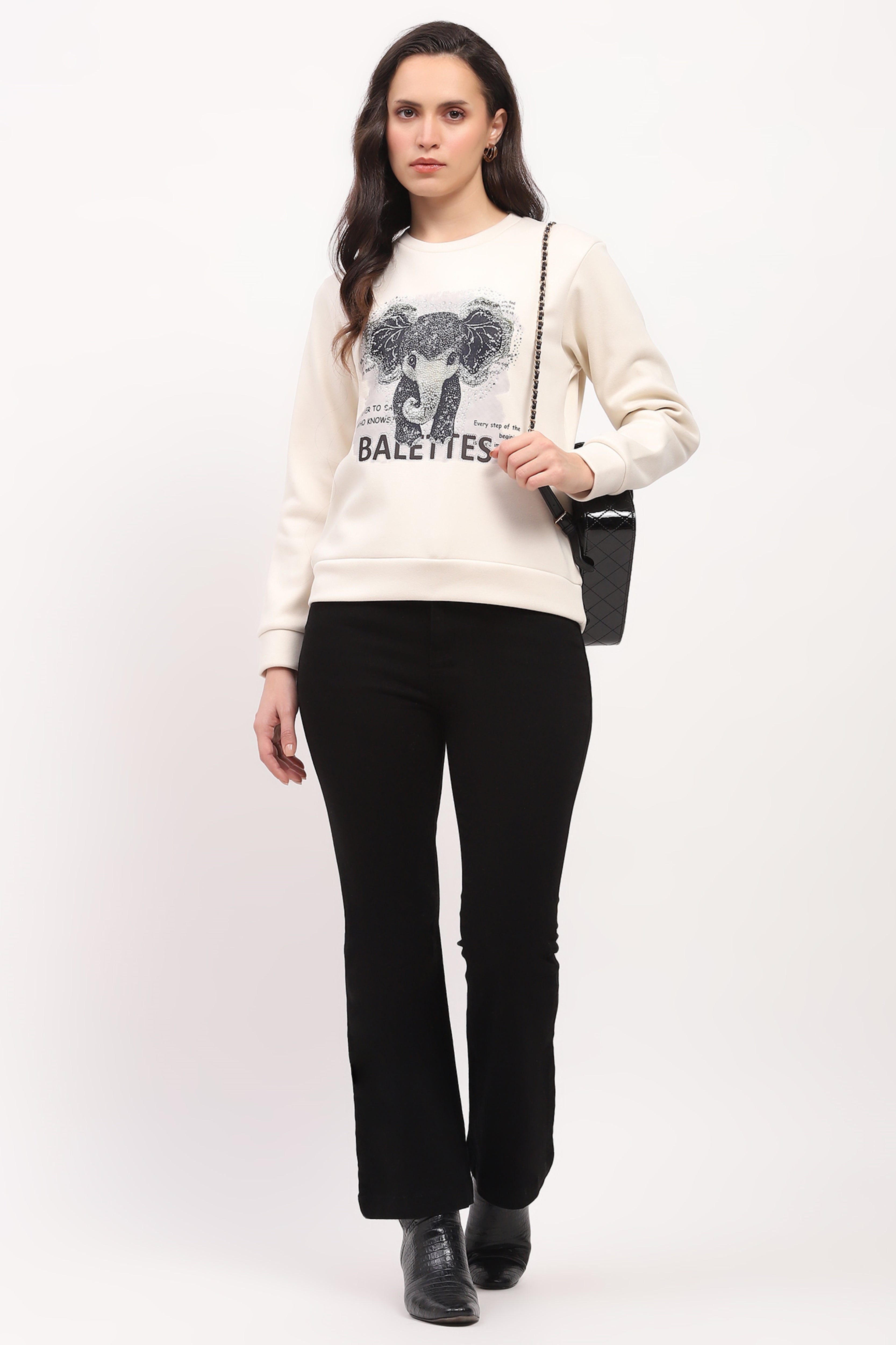 Cream Elephant Print Embellished Sweatshirt