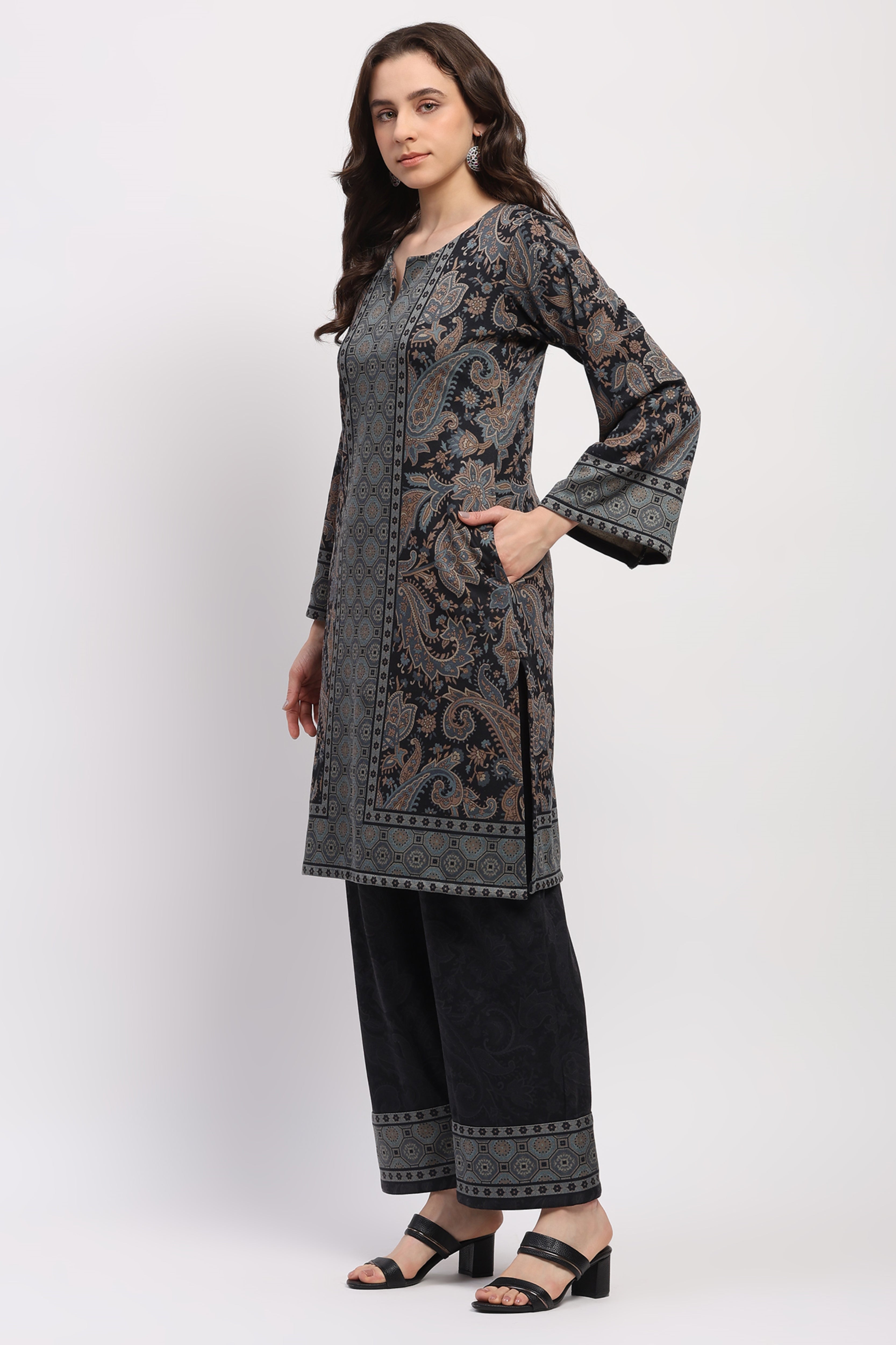 Navy Floral Paisley Winter Kurta Set