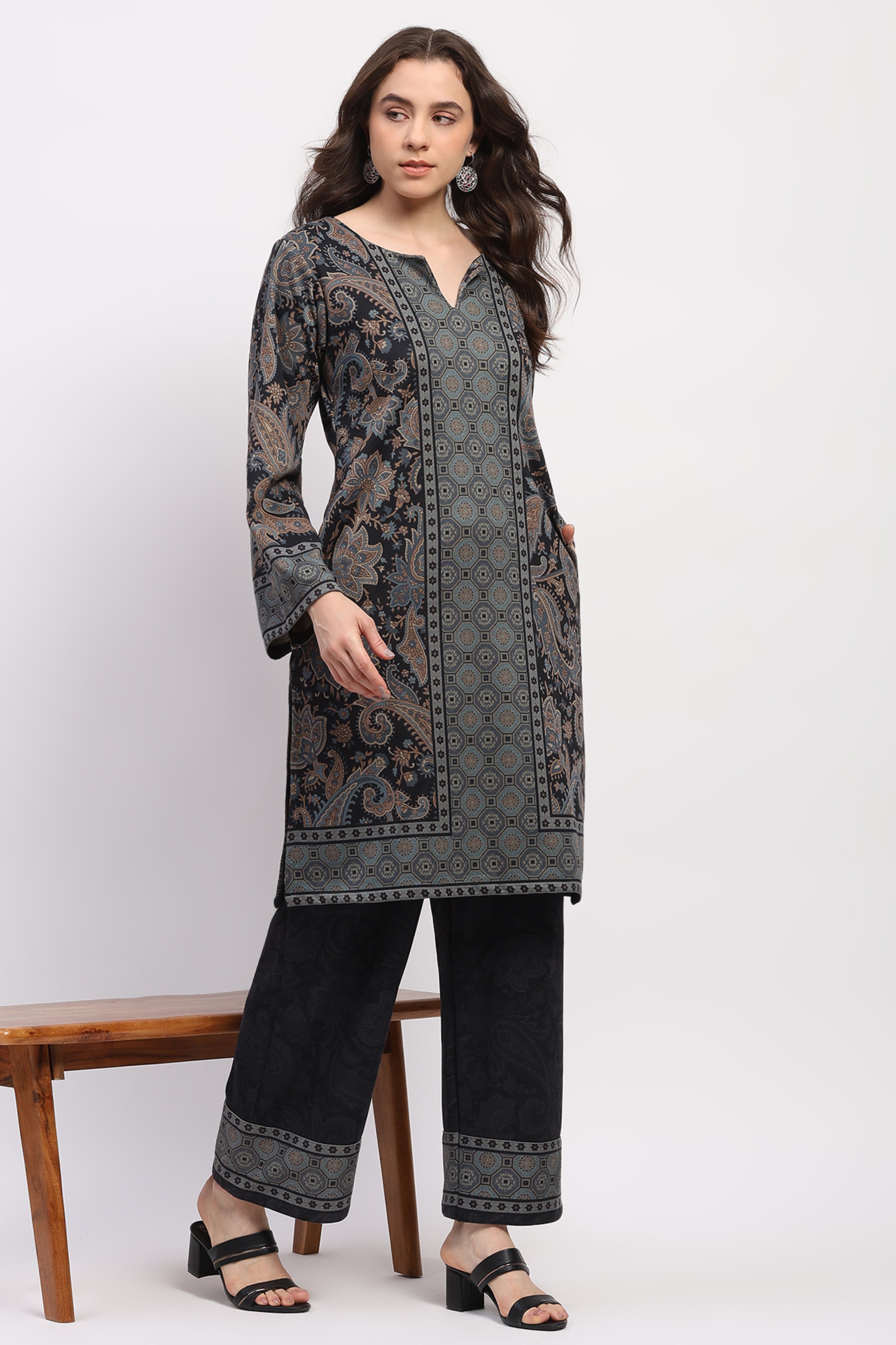 Navy Floral Paisley Winter Kurta Set