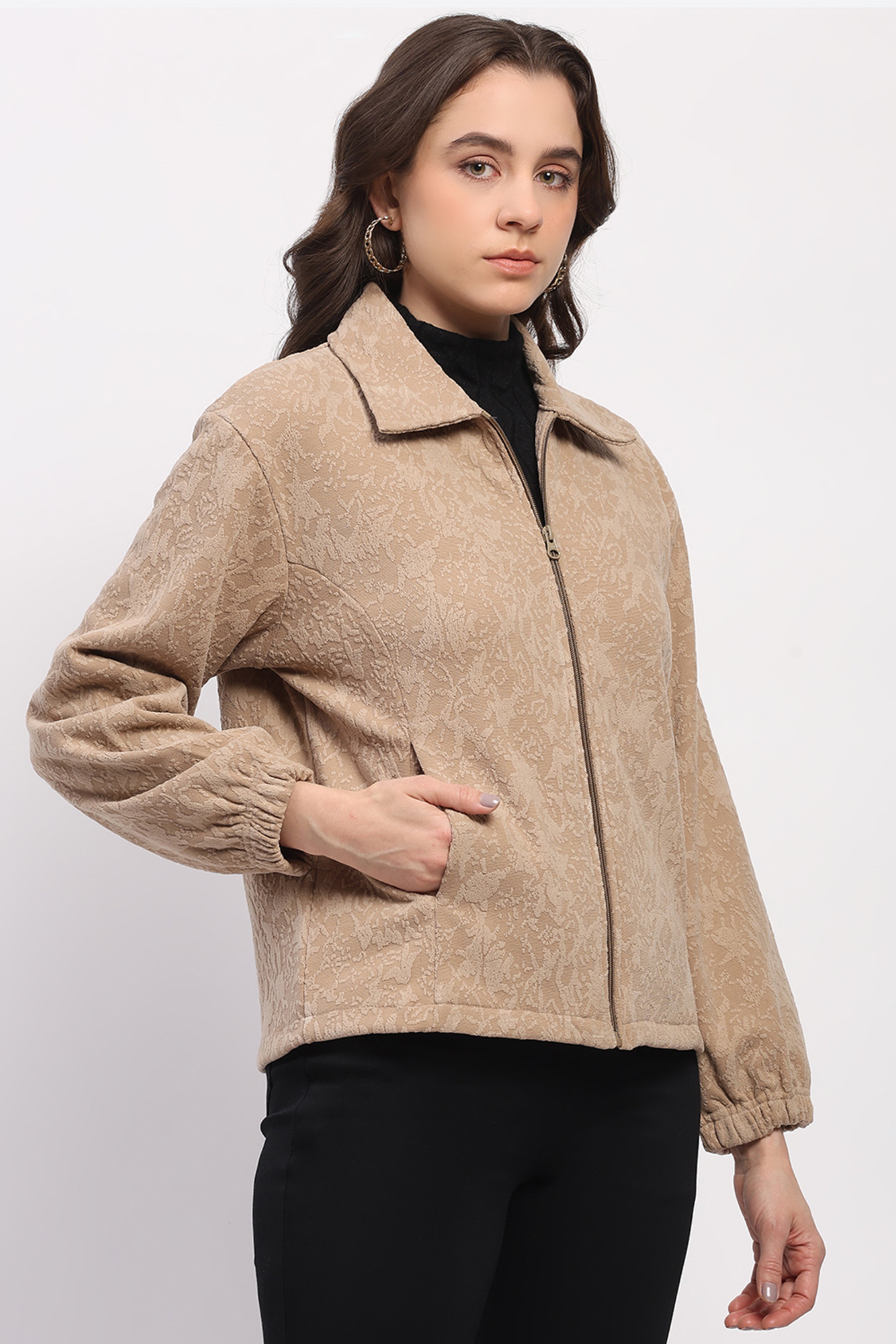 Beige Embossed Winter Sweatshirt