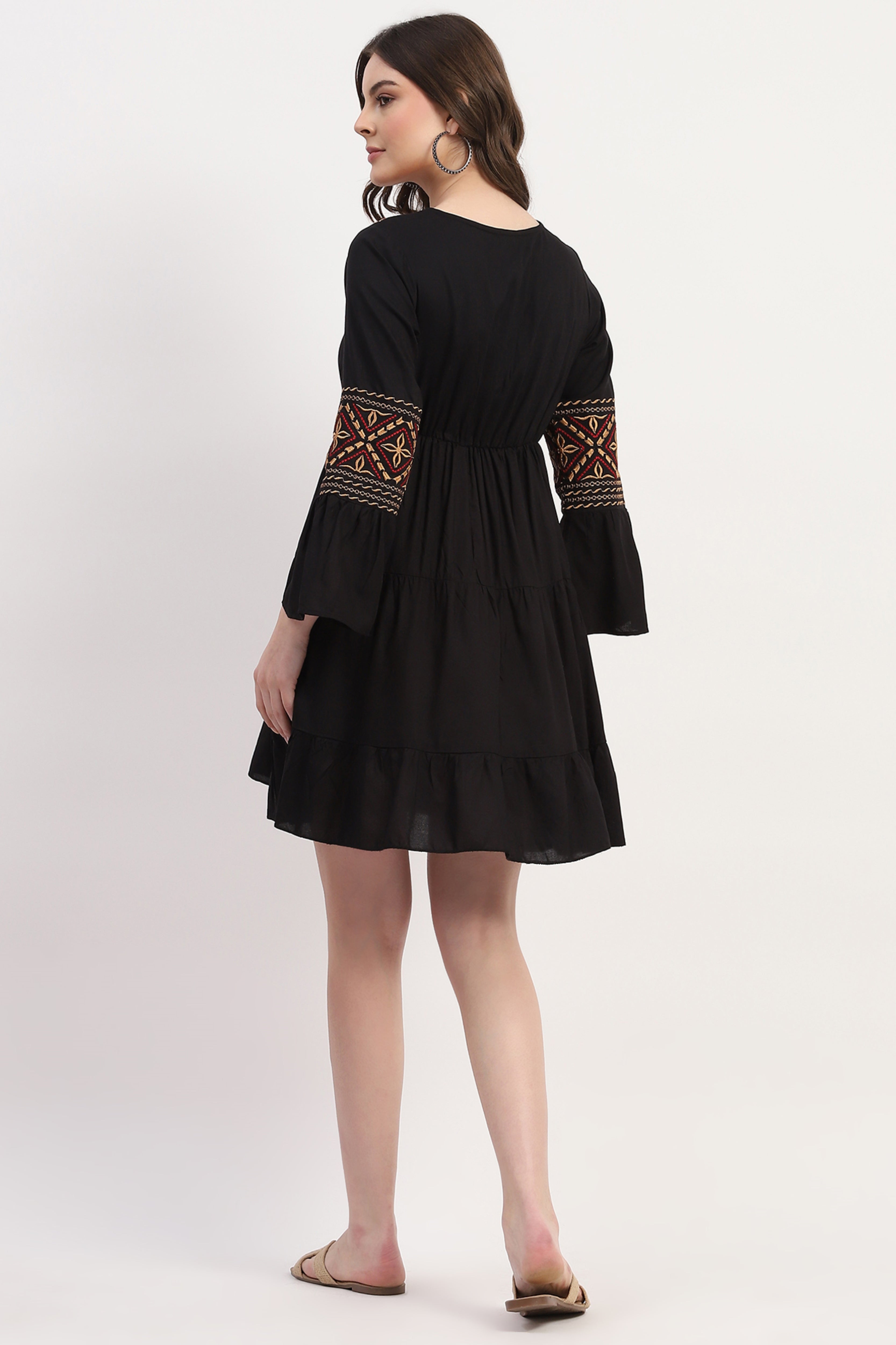 Black Rayon Embroidered Dress
