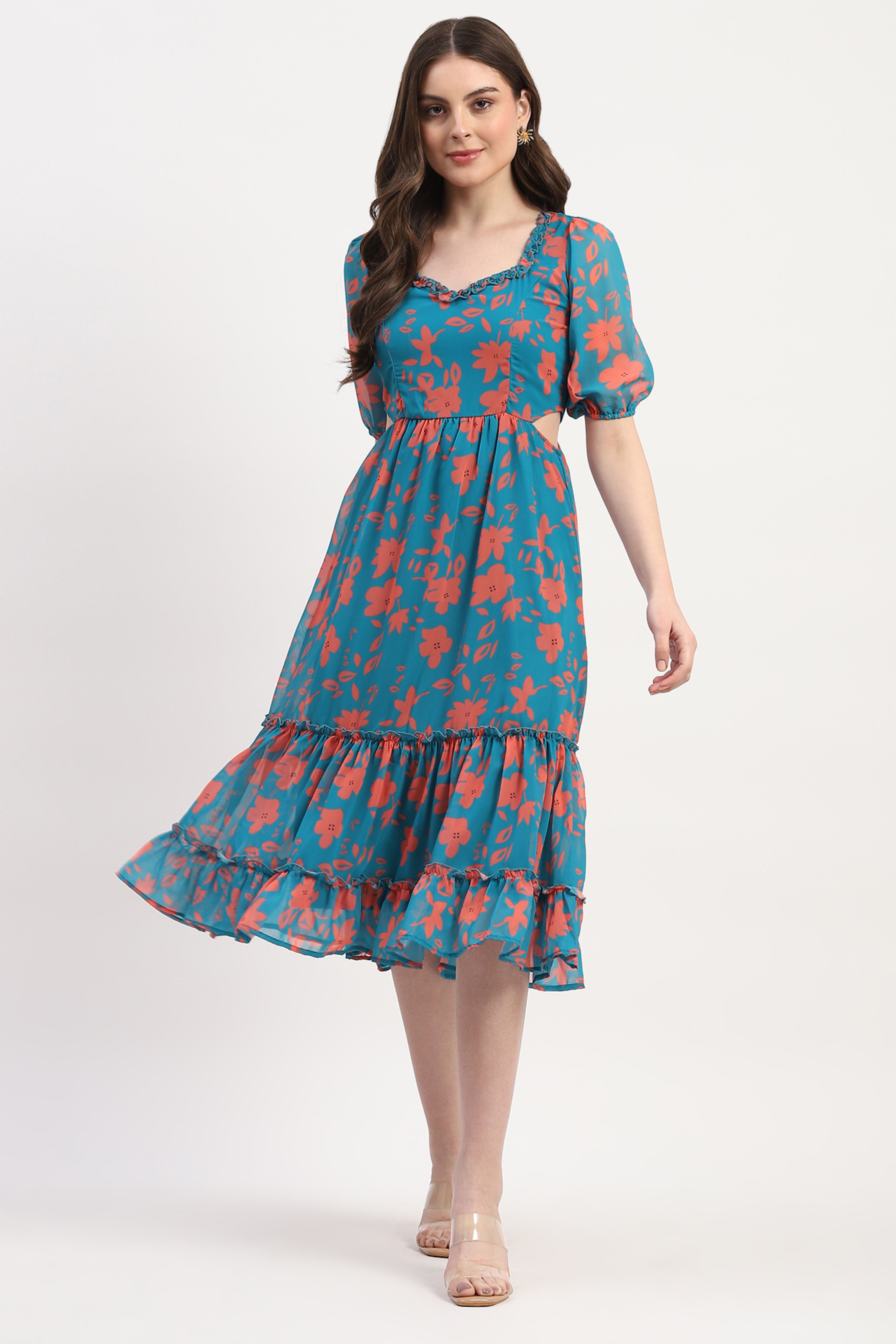 Teal Georgette Floral Print Dress