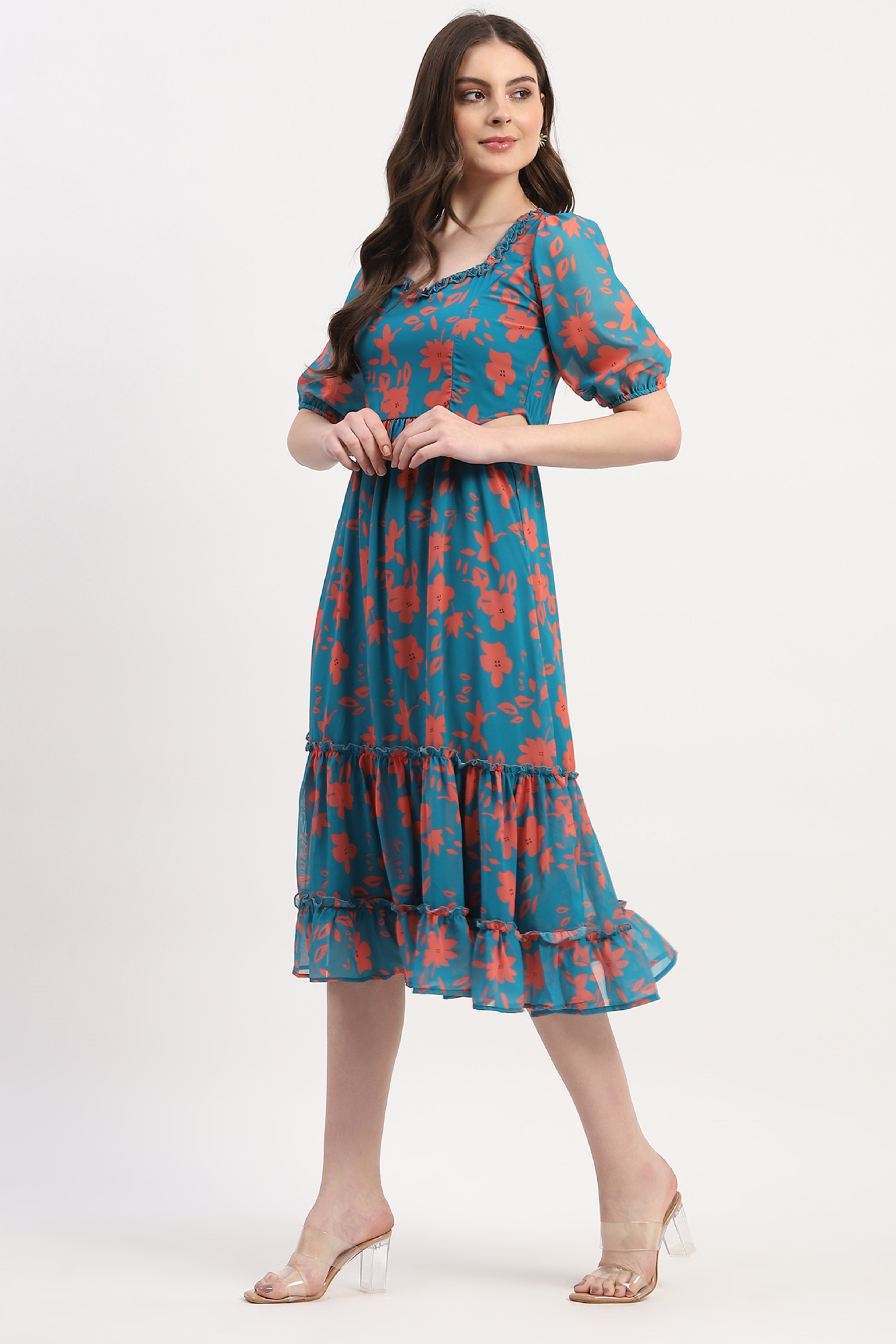 Teal Georgette Floral Print Dress