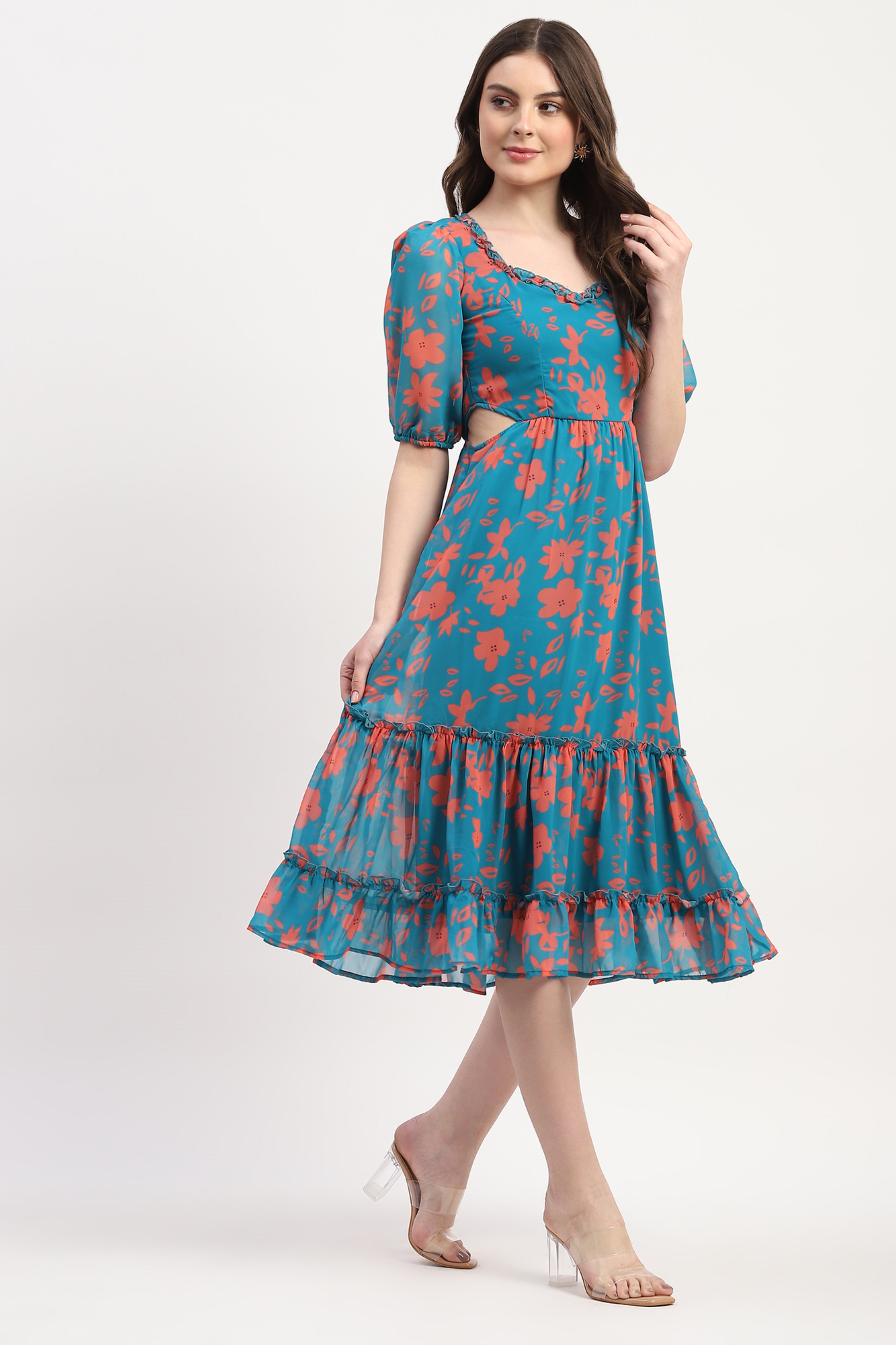 Teal Georgette Floral Print Dress