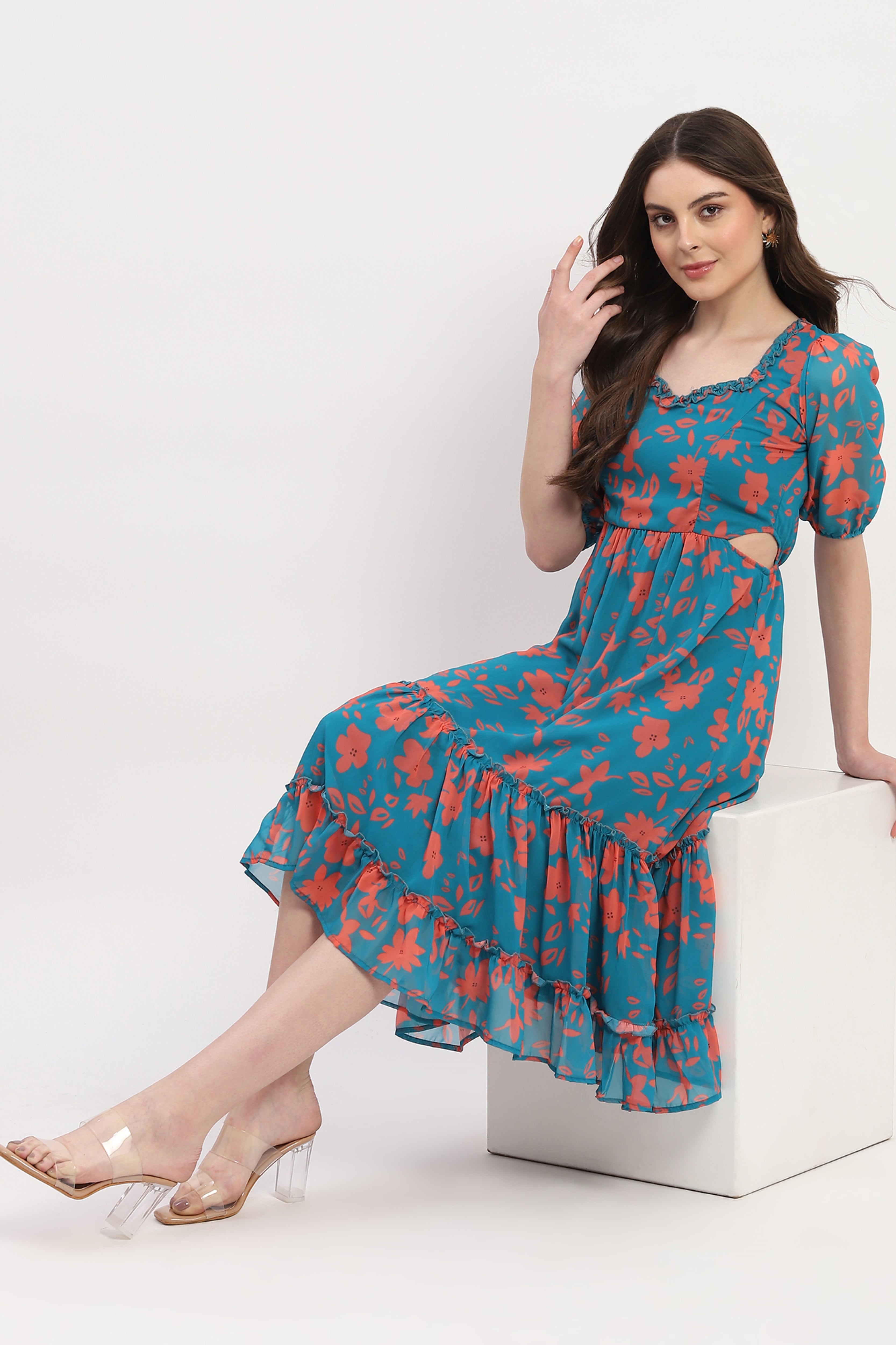 Teal Georgette Floral Print Dress