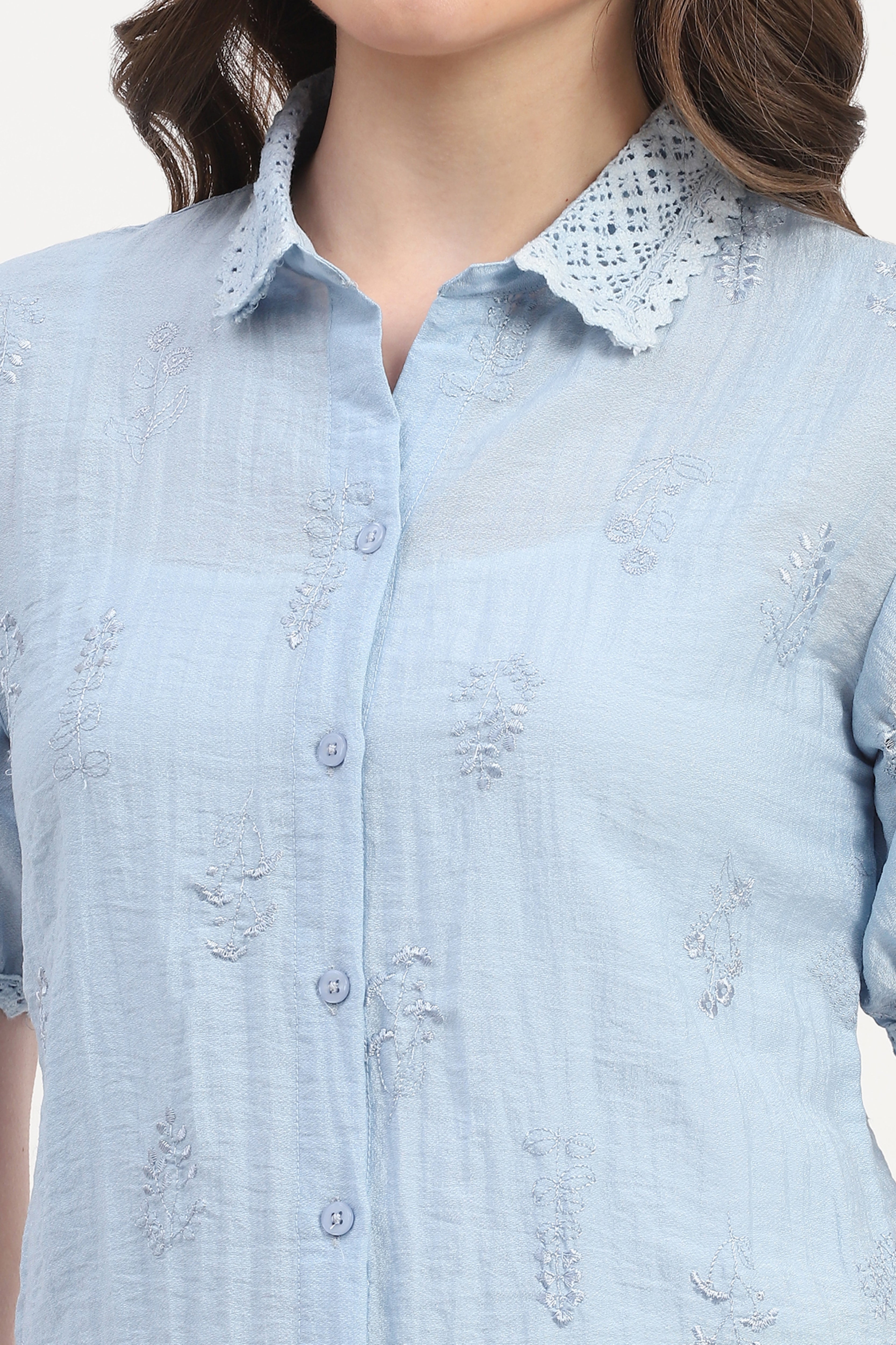 Blue Rayon Blend Embroidered Shirt