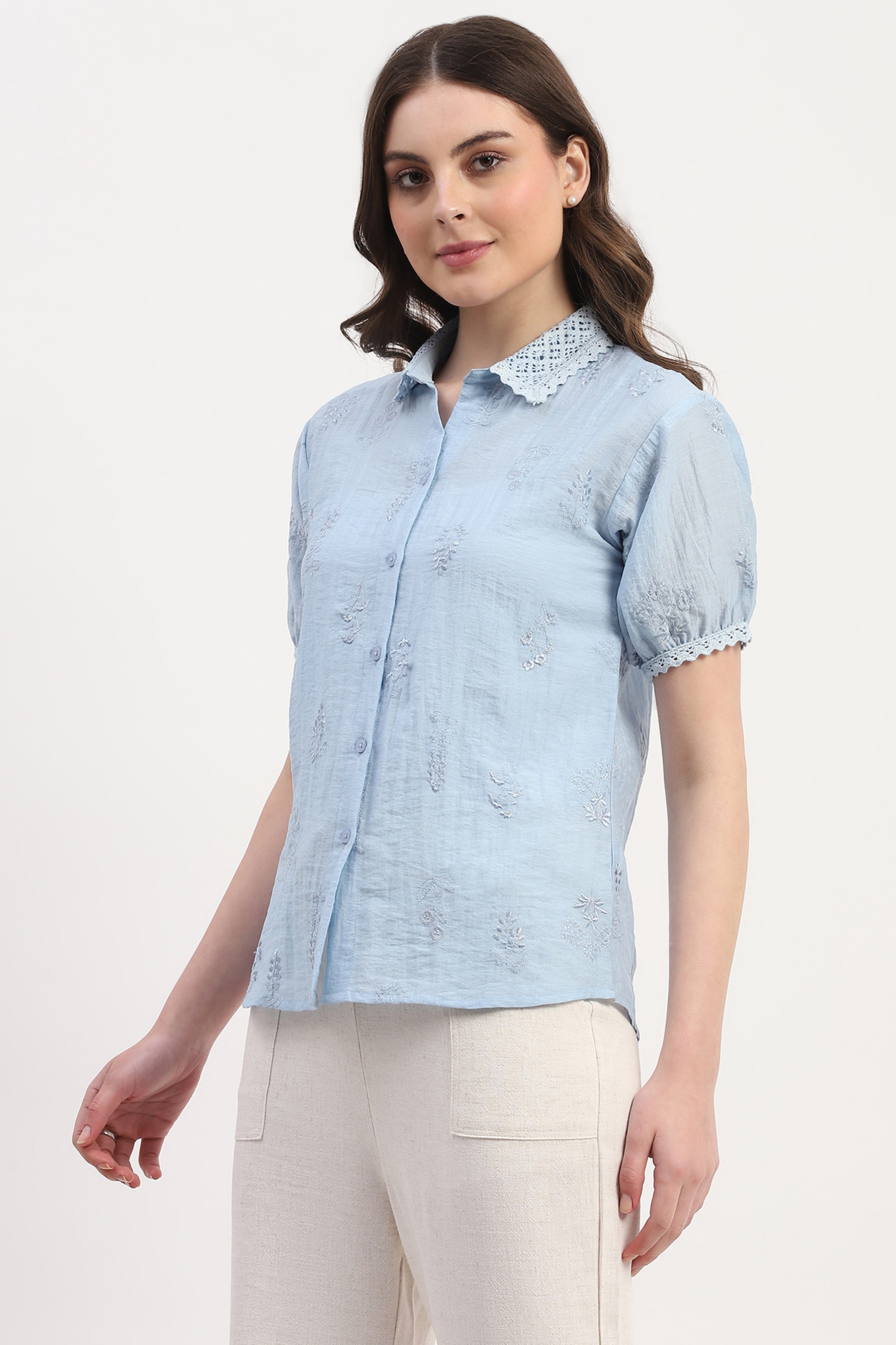 Blue Rayon Blend Embroidered Shirt
