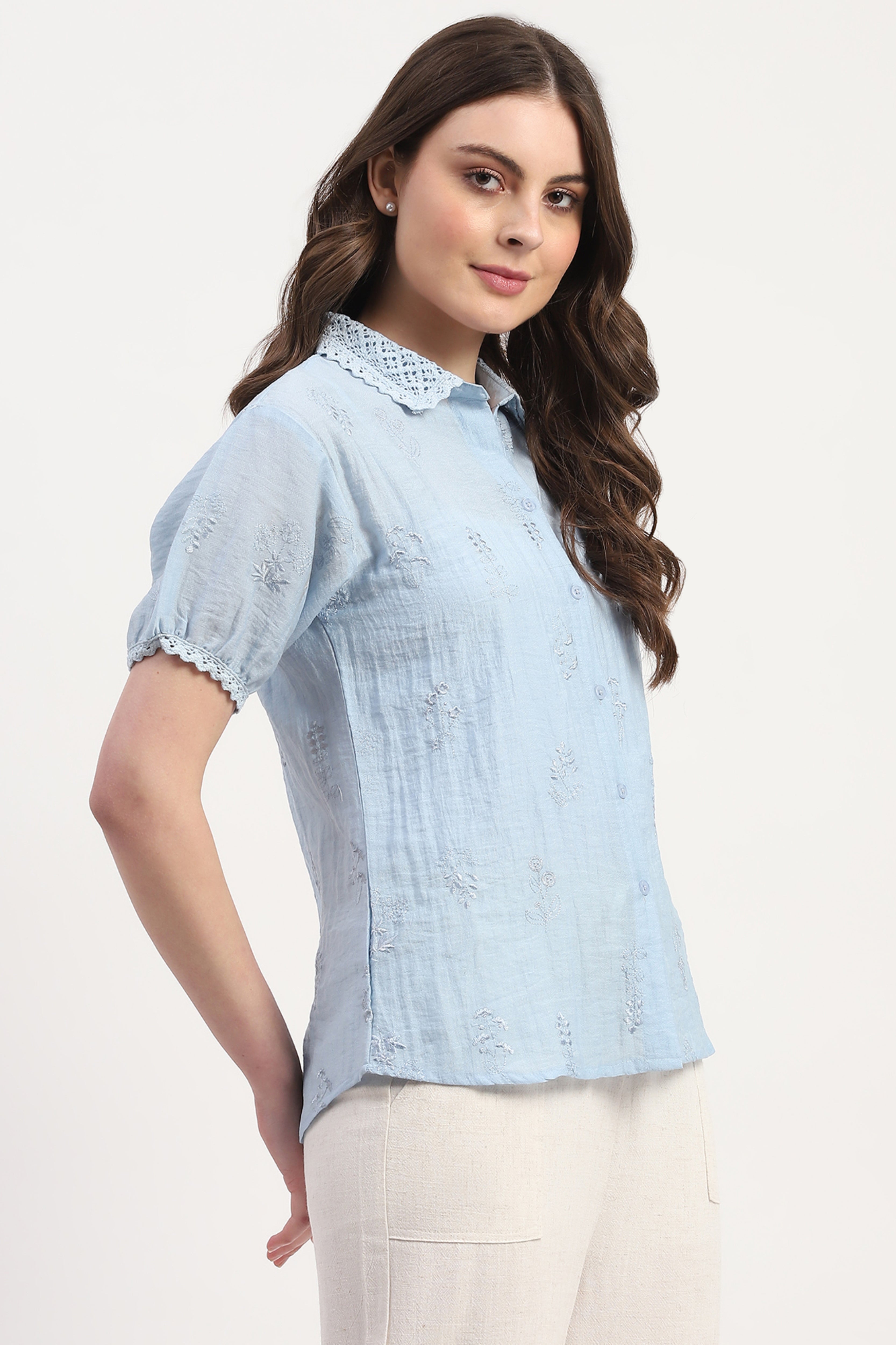 Blue Rayon Blend Embroidered Shirt