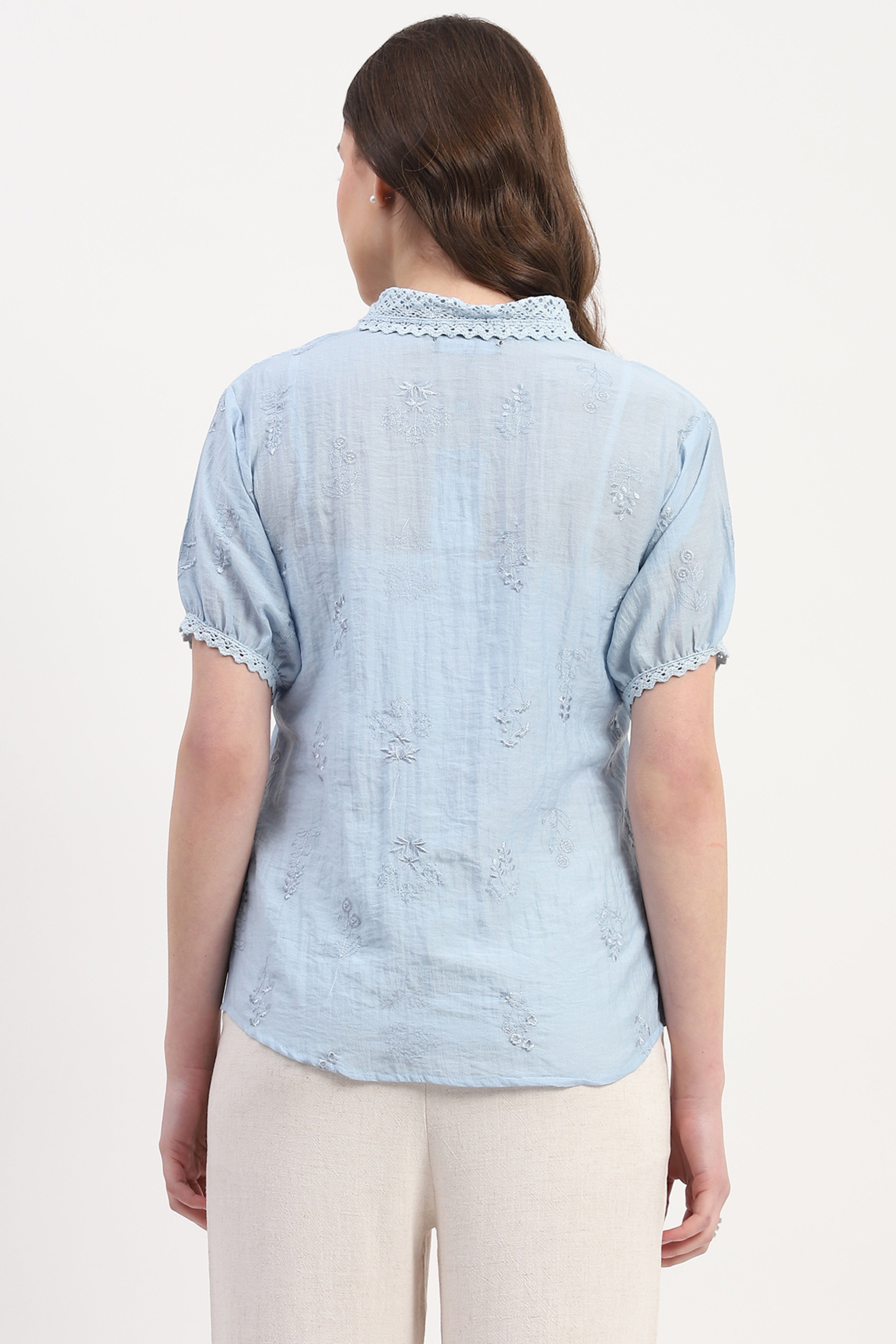 Blue Rayon Blend Embroidered Shirt