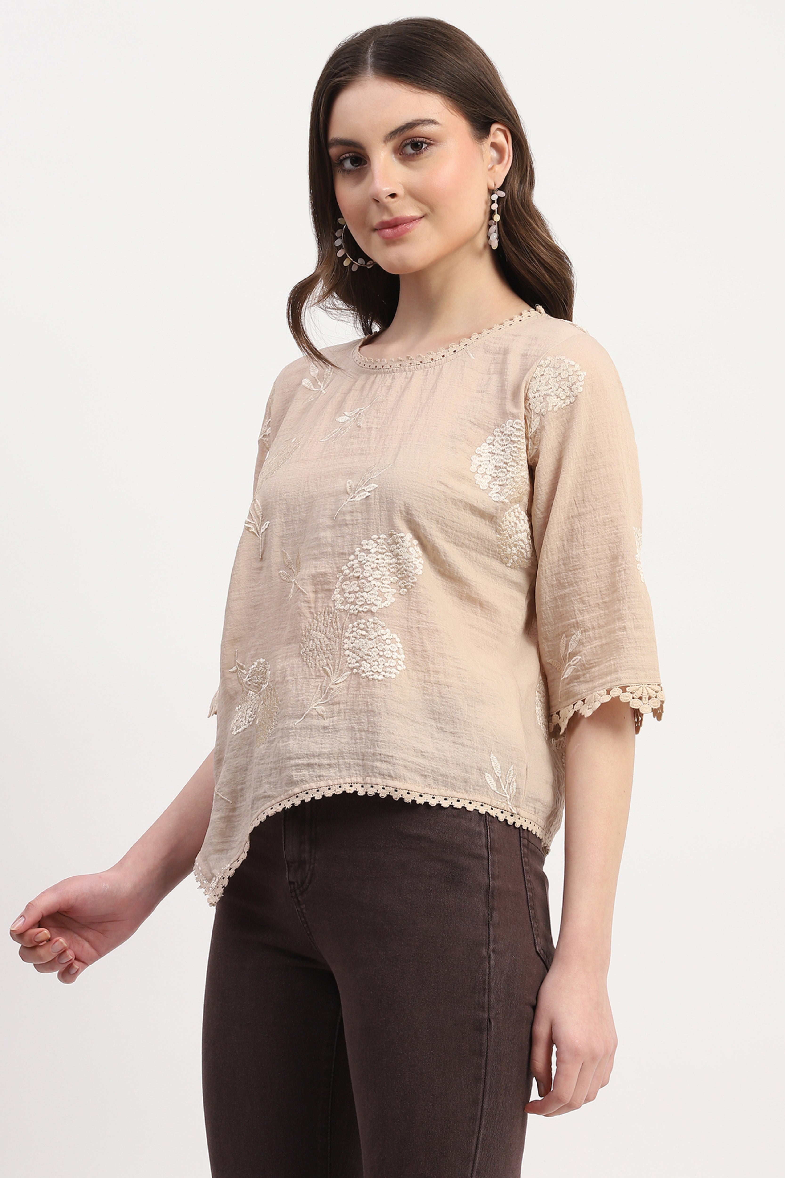 Beige Poly Linen Embroidered Top