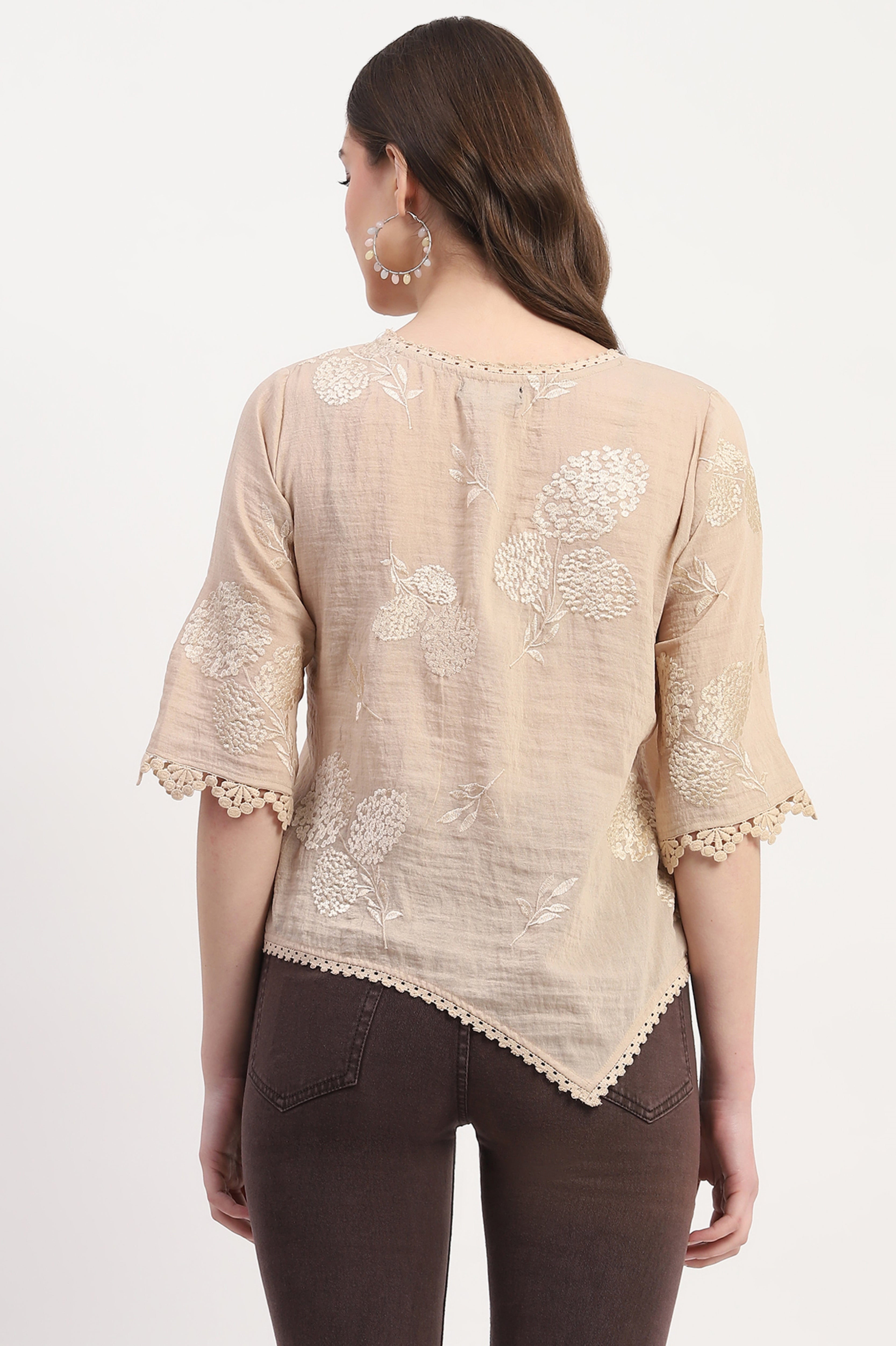 Beige Poly Linen Embroidered Top