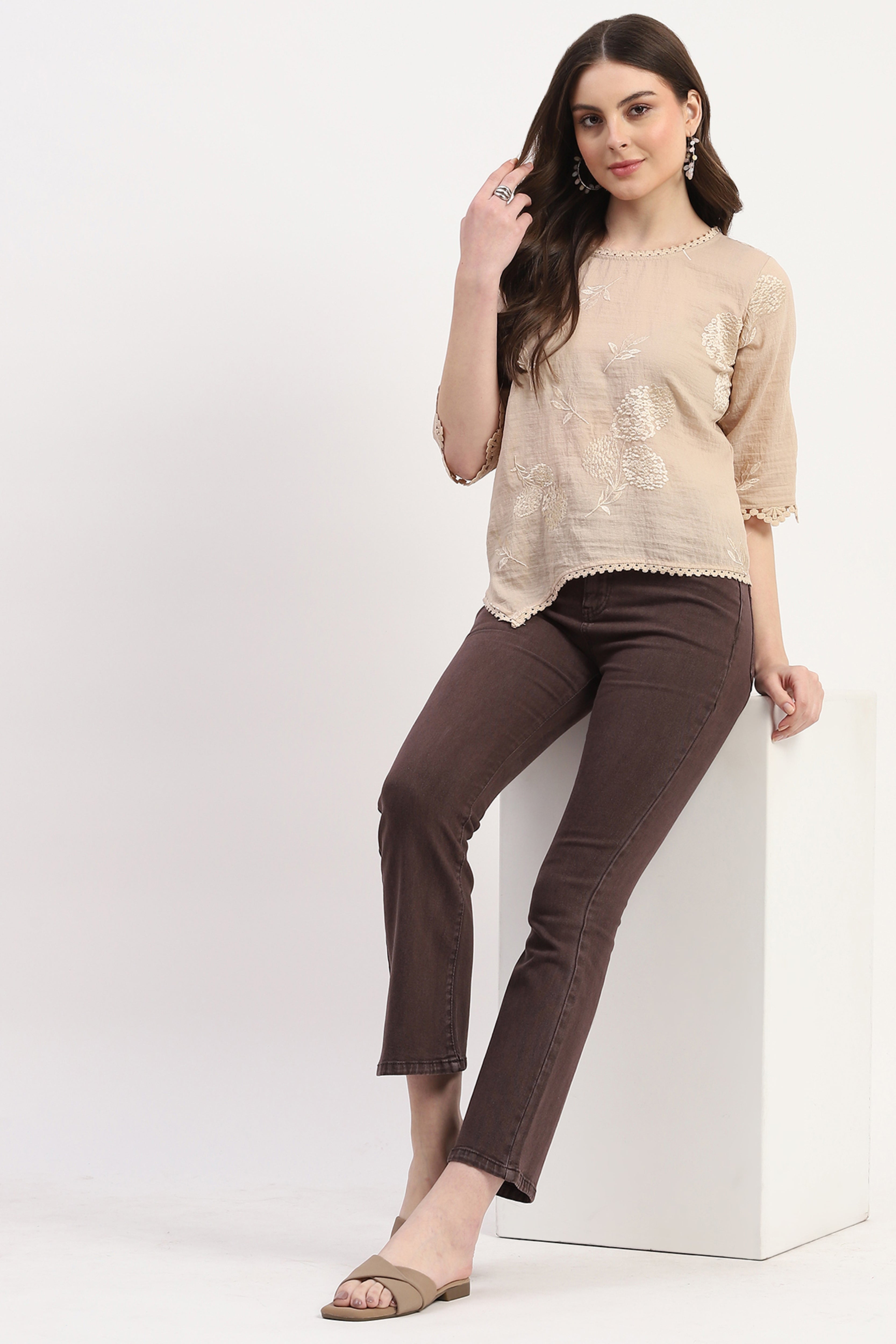 Beige Poly Linen Embroidered Top