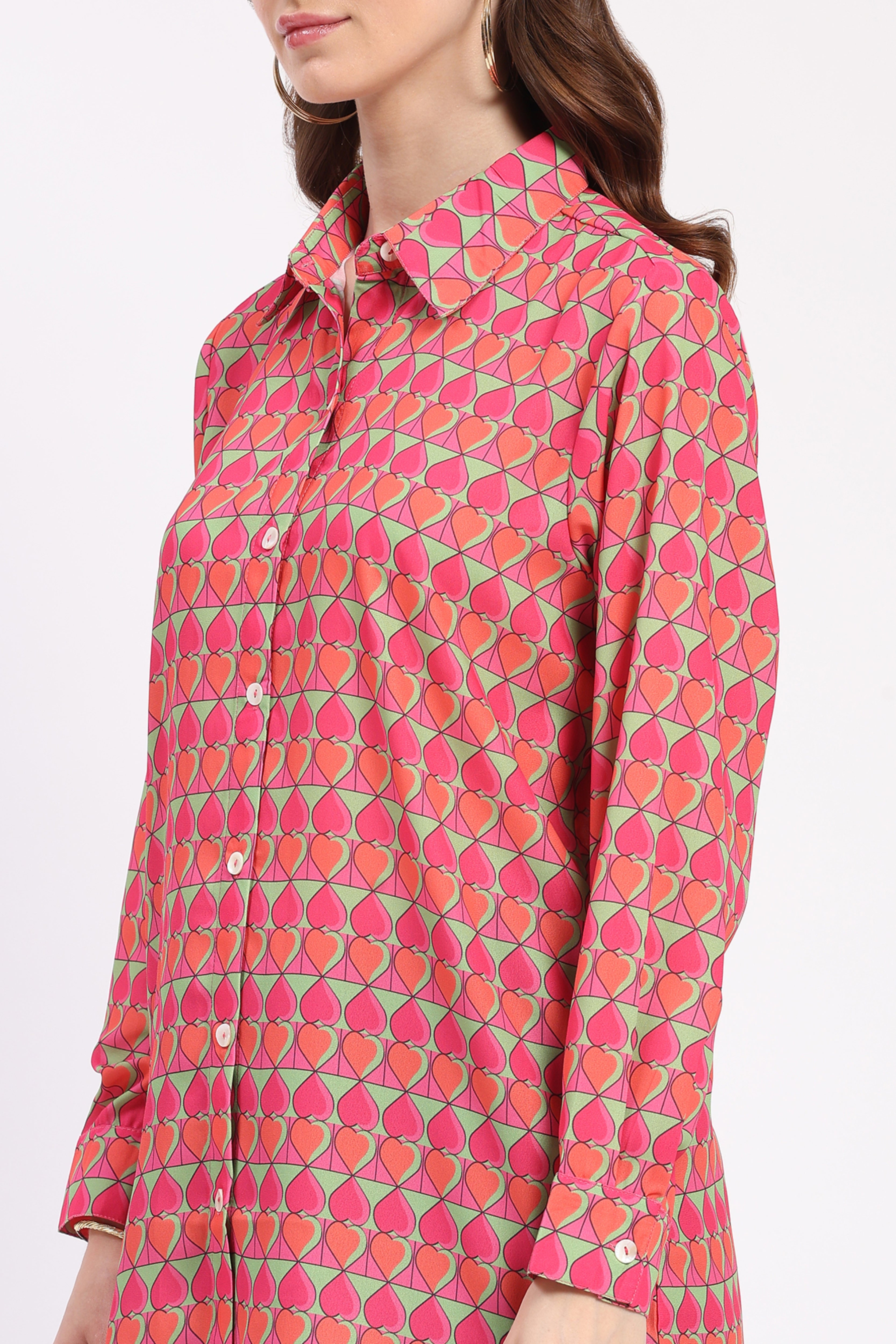 Pink Heart Print Pop Color Shirt