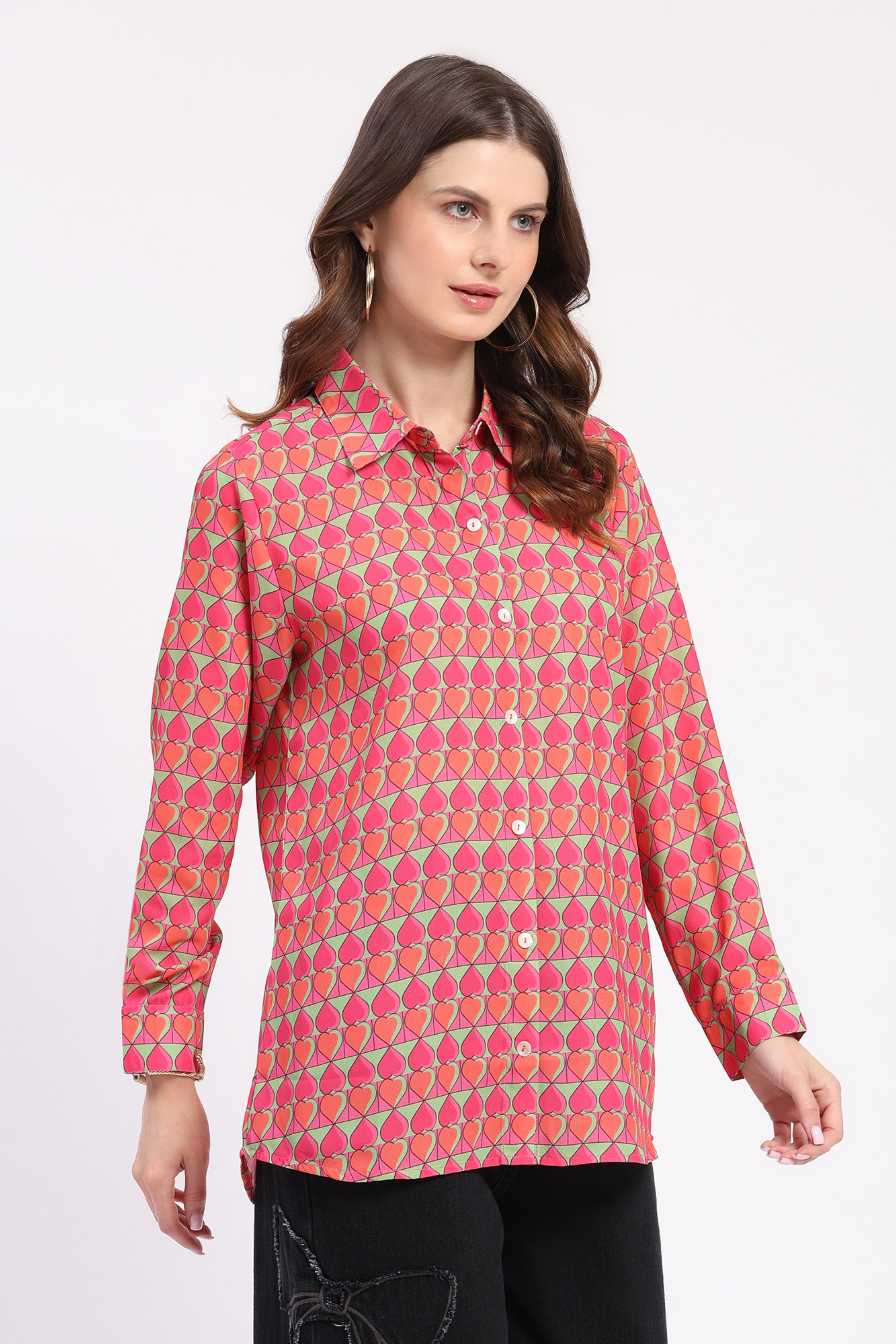 Pink Heart Print Pop Color Shirt