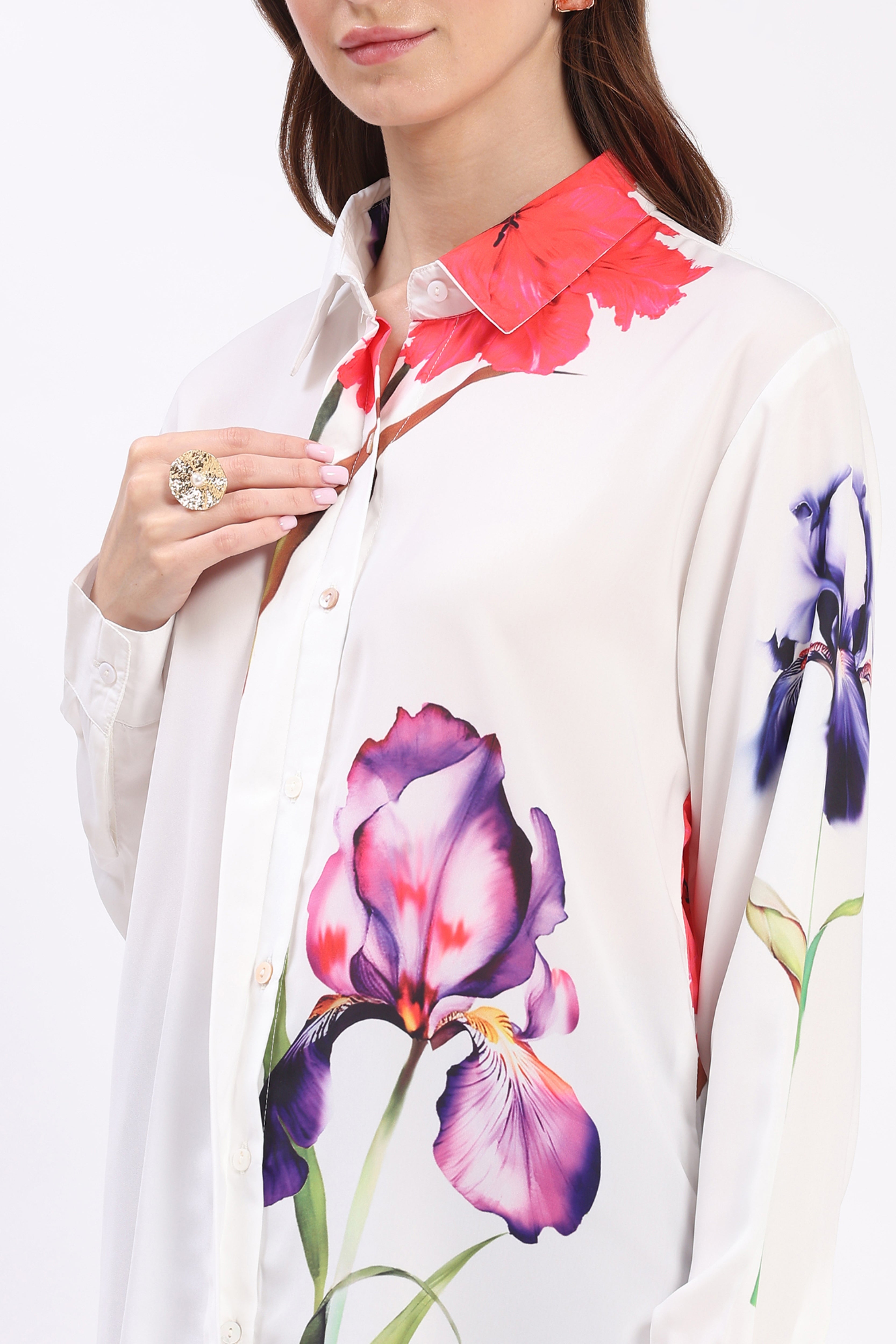 White Neon Floral Print Crepe Shirt