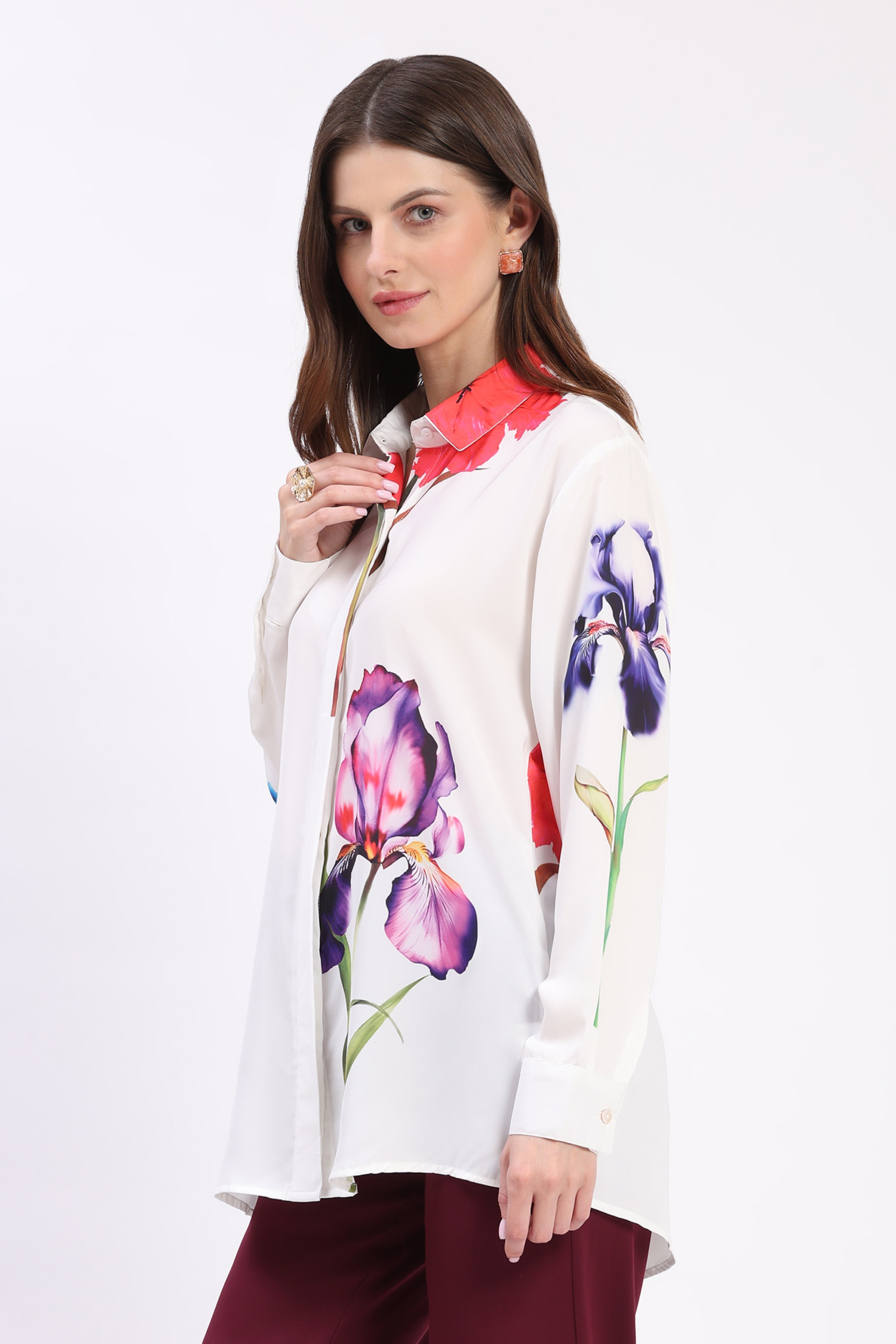 White Neon Floral Print Crepe Shirt