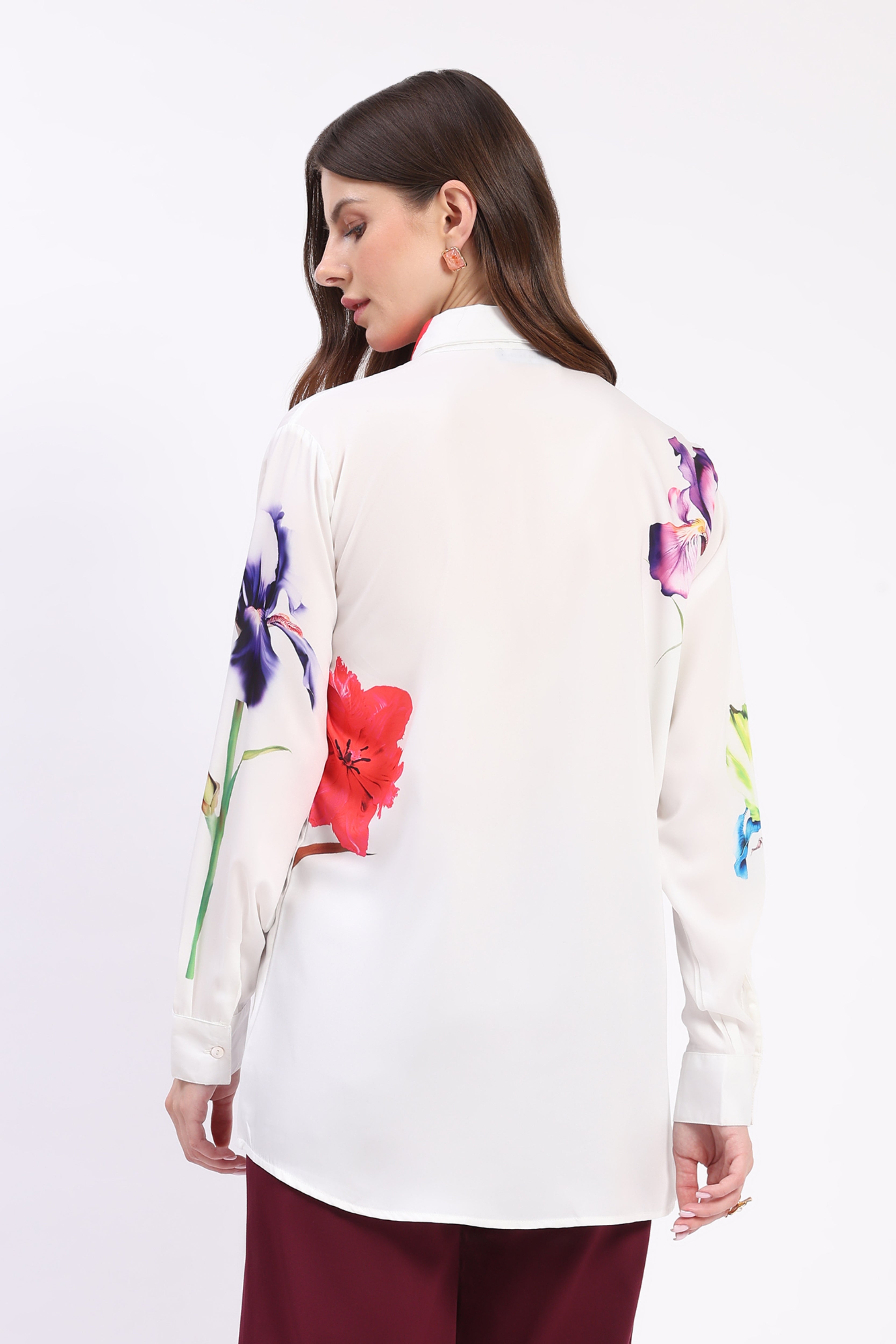 White Neon Floral Print Crepe Shirt