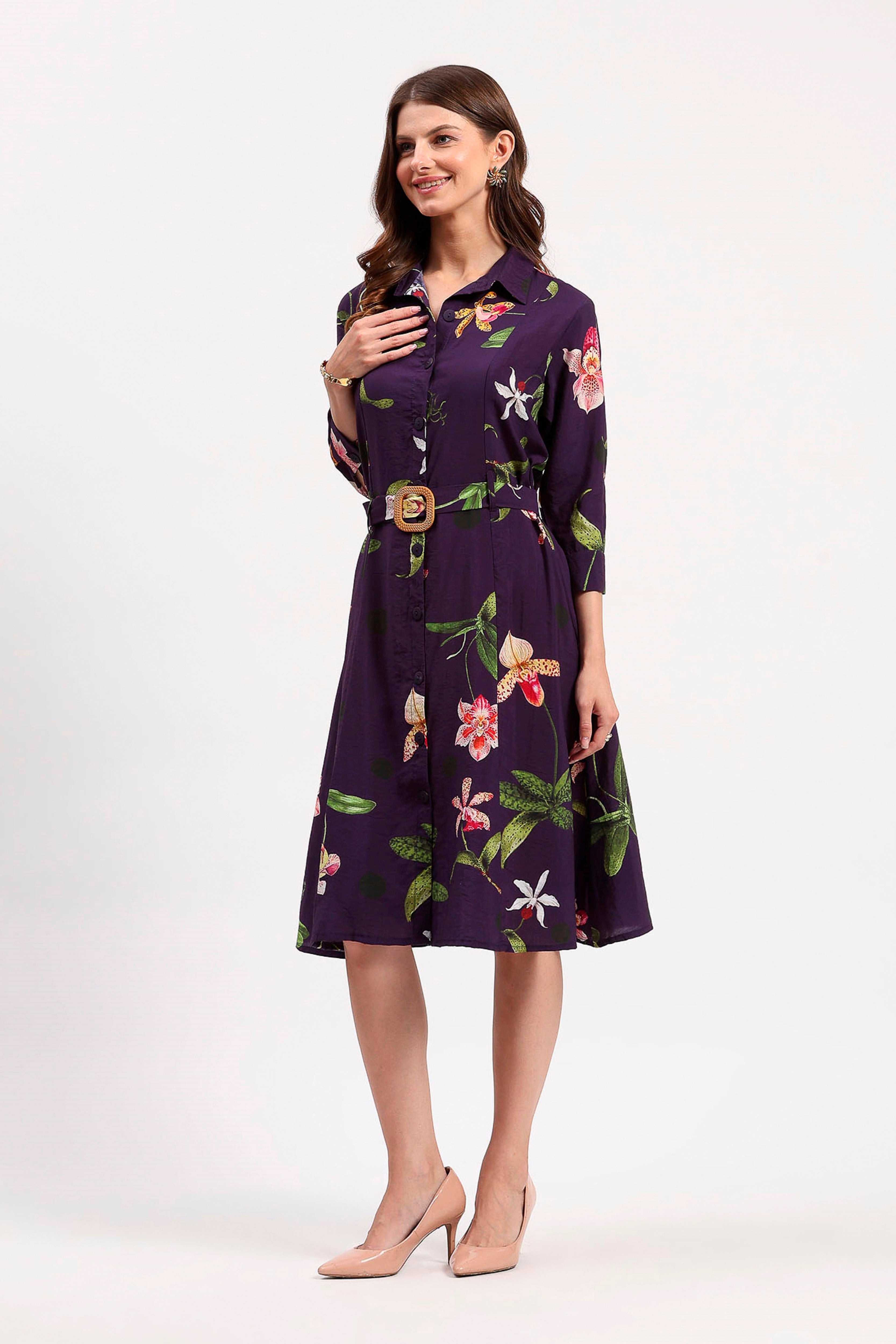 Purple Floral Print A-Line Dress